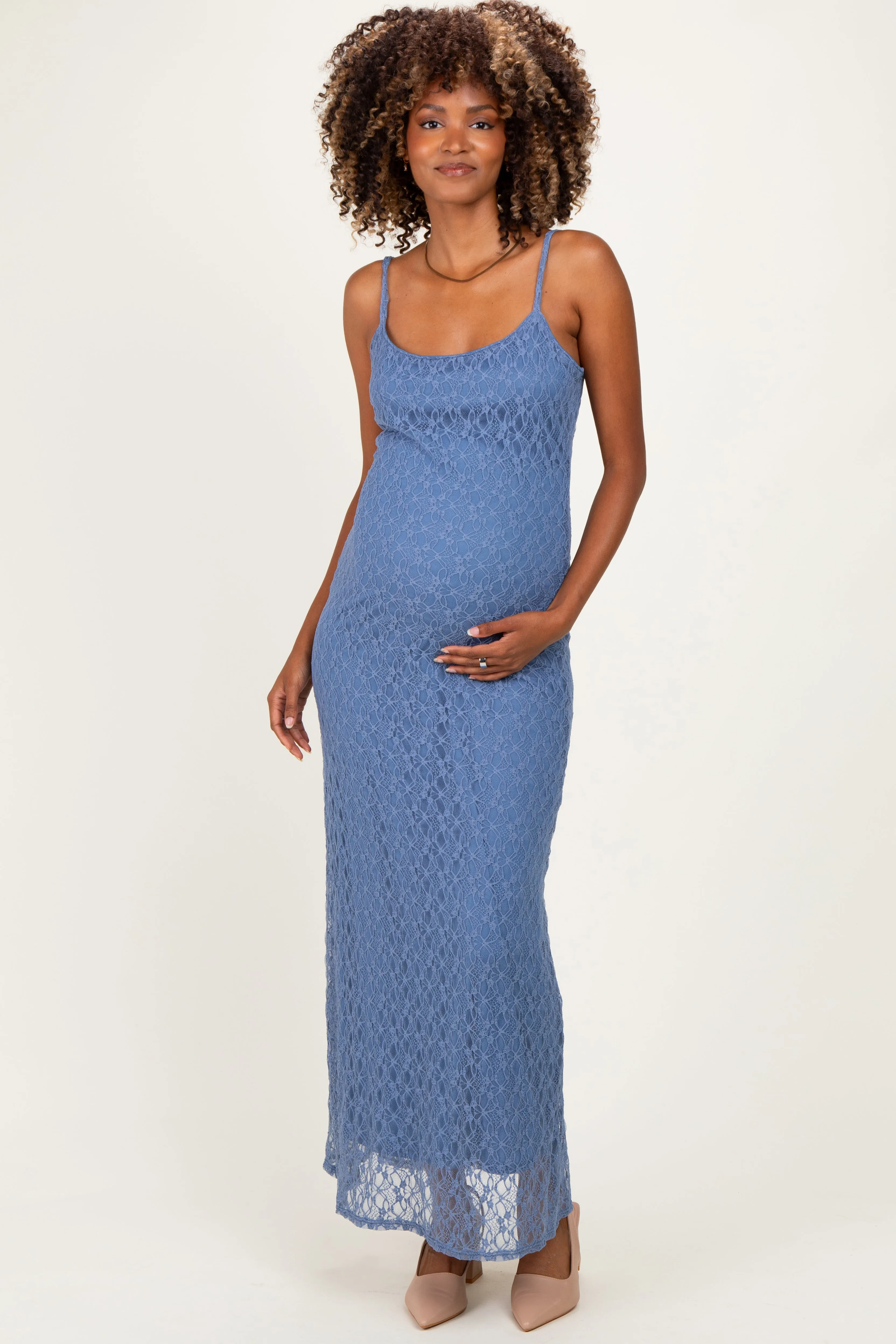 Blue Sleeveless Lace Square Neck Maternity Maxi Dress sold by Pinkblush