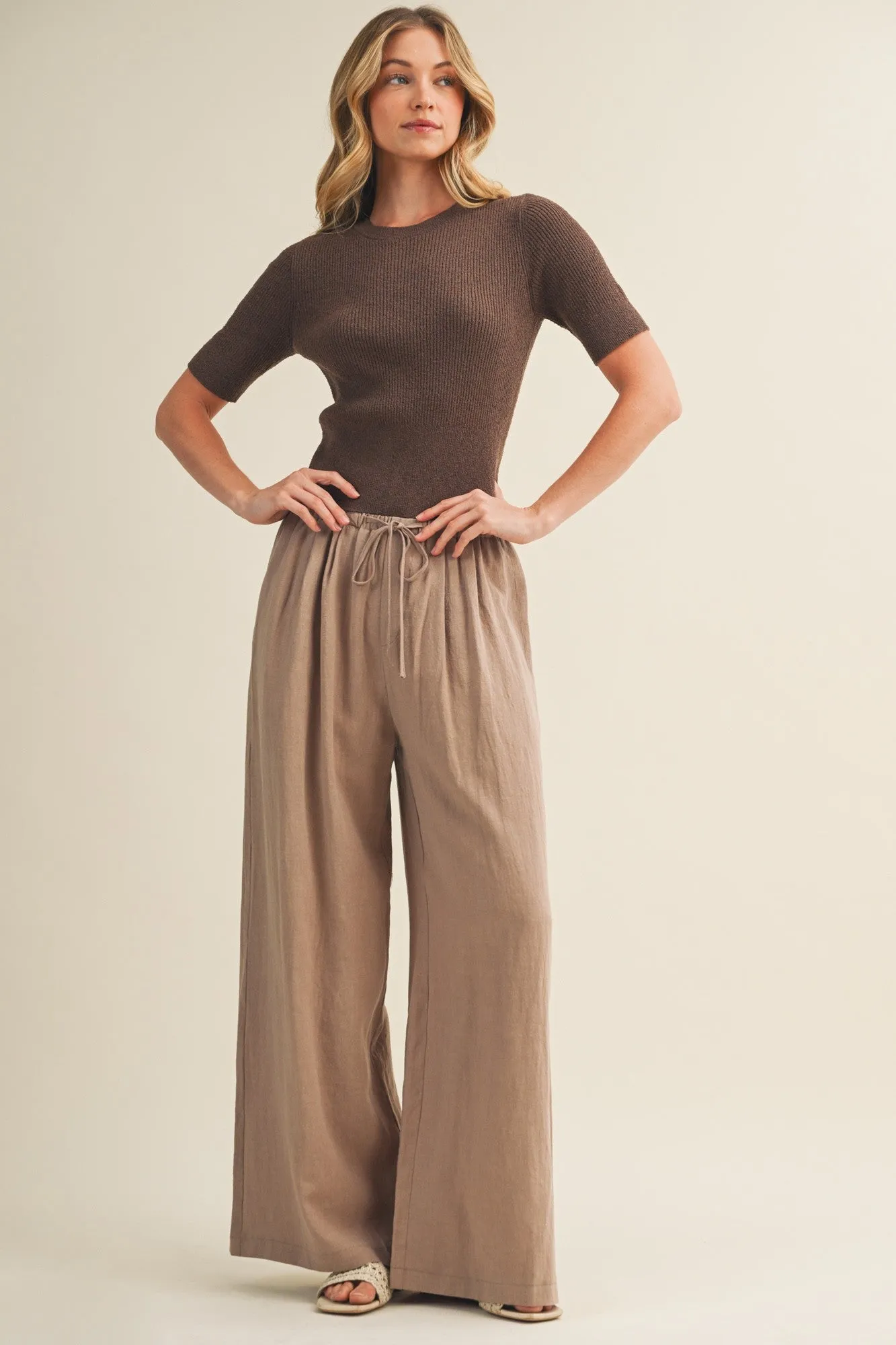 Mocha Drawstring Wide Leg Pants sold by Pinkblush