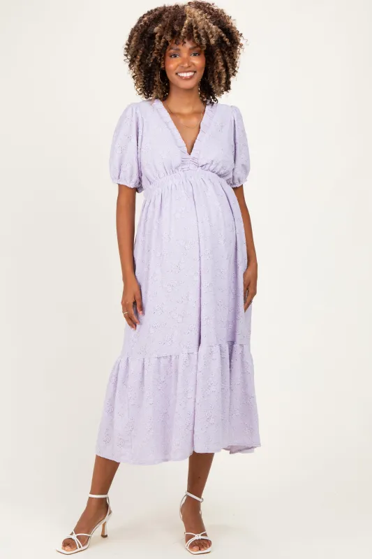 Lavender Lace V-Neck Puff Sleeve Maternity Maxi Dress made by Pinkblush