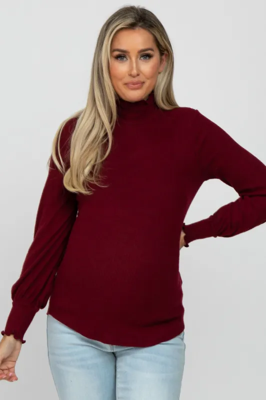 Burgundy Brushed Ribbed Mock Neck Maternity Top sold by Pinkblush