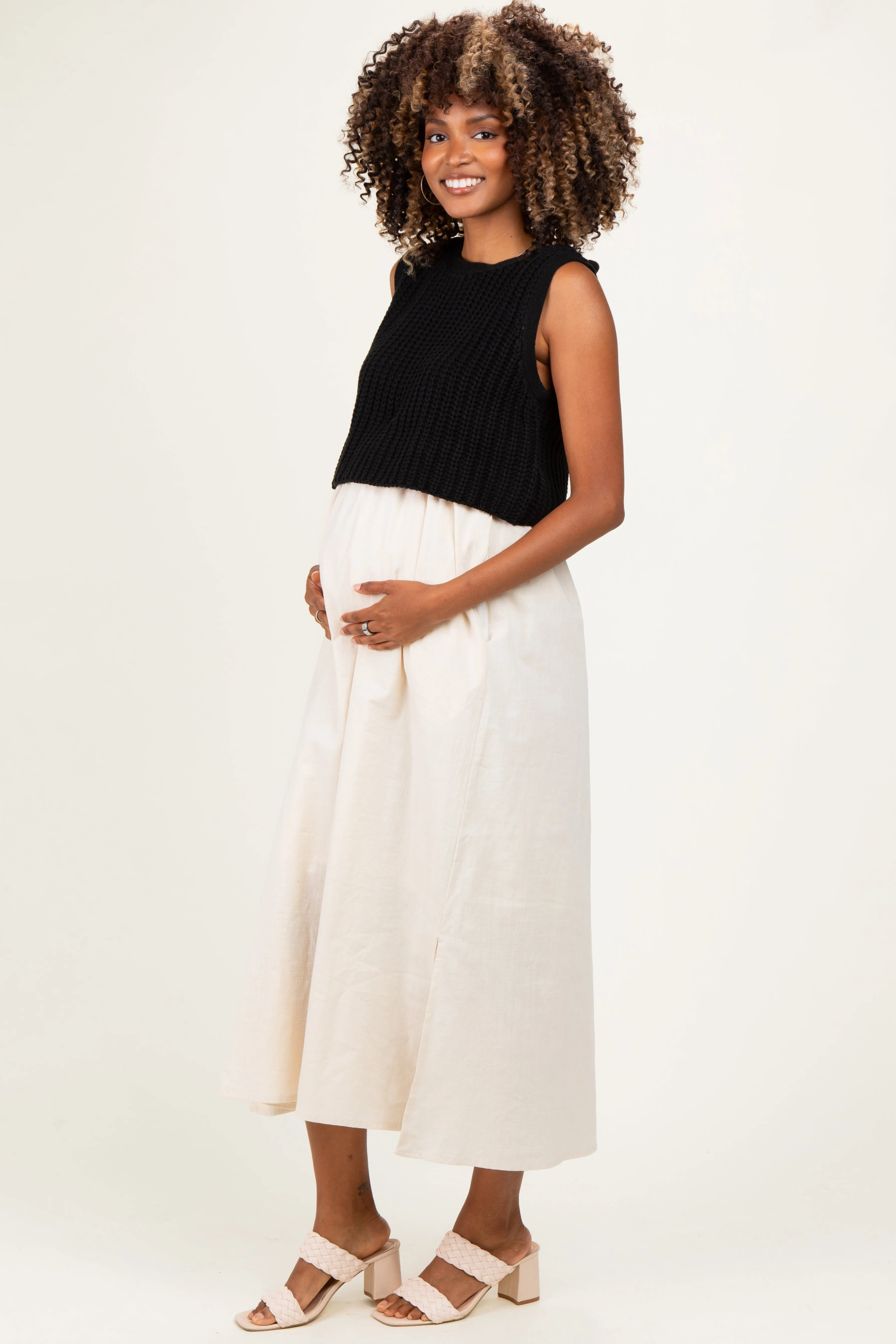 Black/ Cream Sleeveless Sweater Top Colorblock Maternity Midi Dress sold by Pinkblush product image thumbnail 2