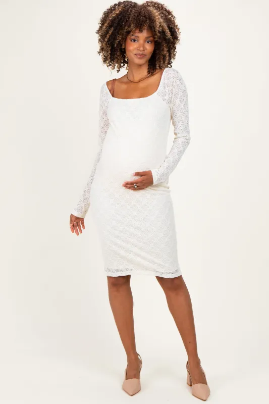 Ivory Long Sleeve Fitted Lace Maternity Dress made by Pinkblush