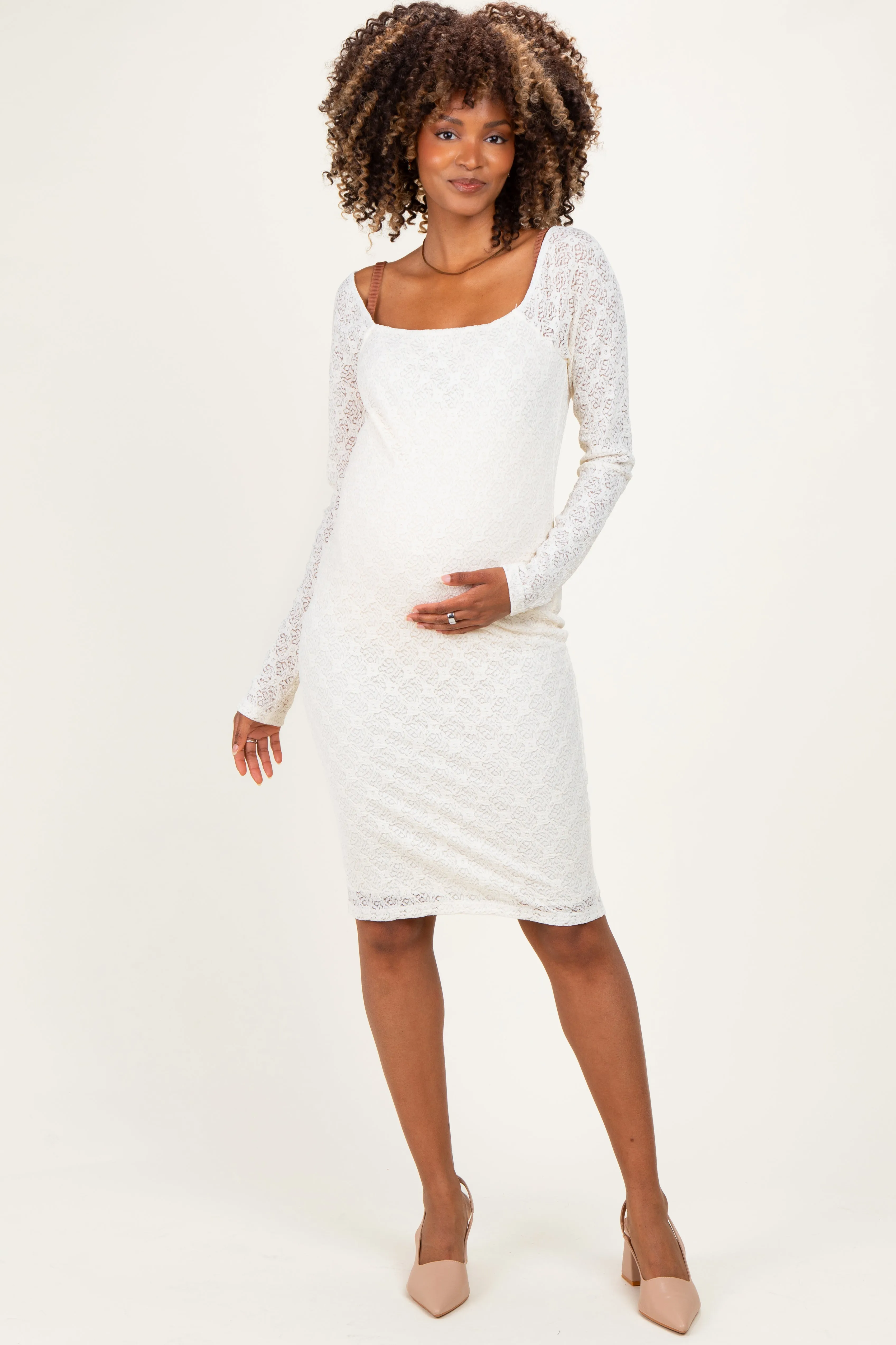 Ivory Long Sleeve Fitted Lace Maternity Dress sold by Pinkblush