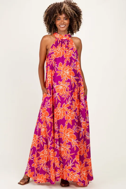 Plum Floral Halter Maternity Maxi Dress made by entro