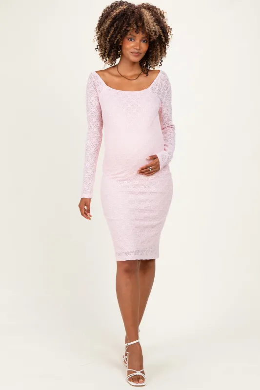 Light Pink Long Sleeve Fitted Lace Maternity Dress made by Pinkblush