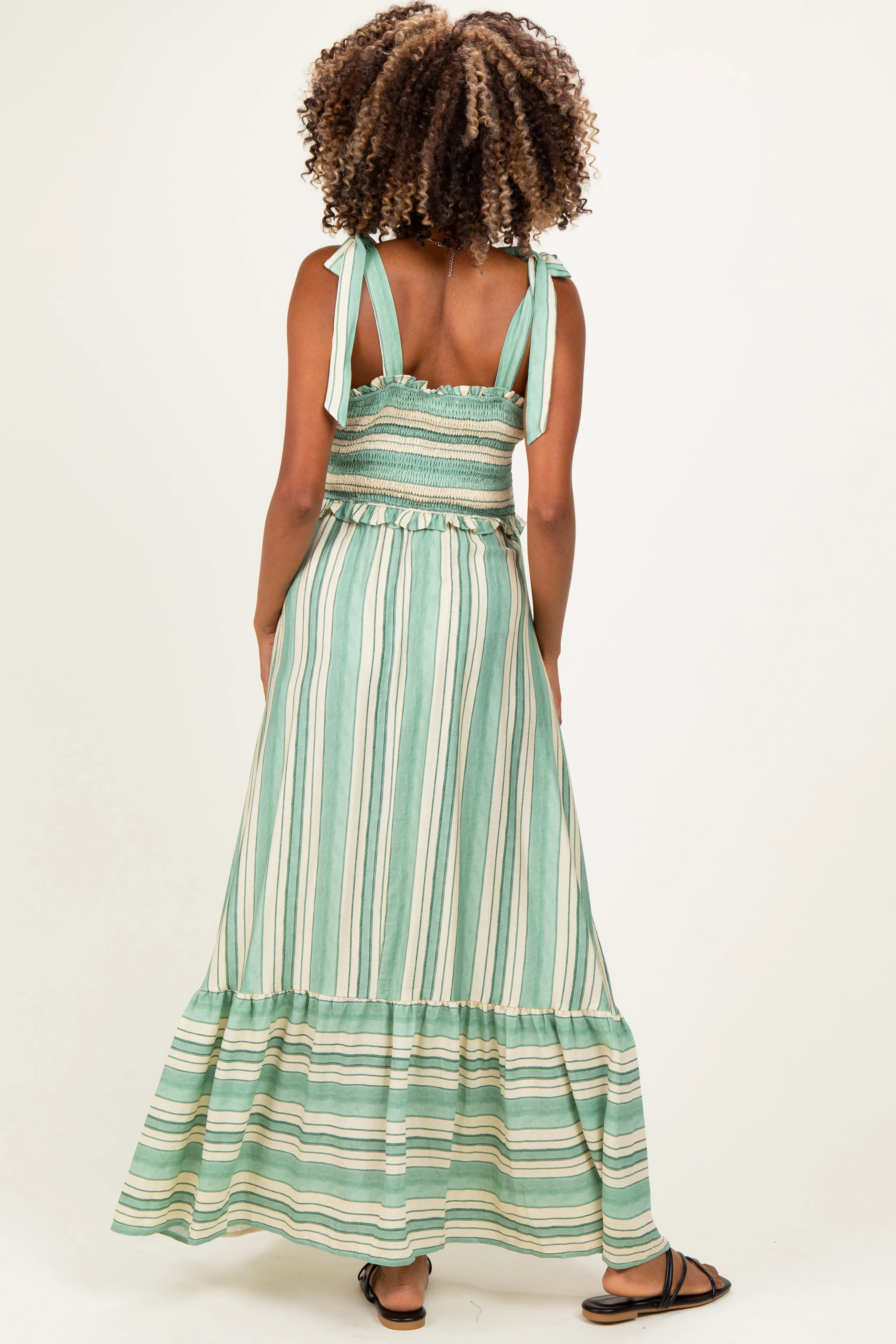 Green Striped Smocked Shoulder Tie Maternity Midi Dress sold by Pinkblush product image thumbnail 3