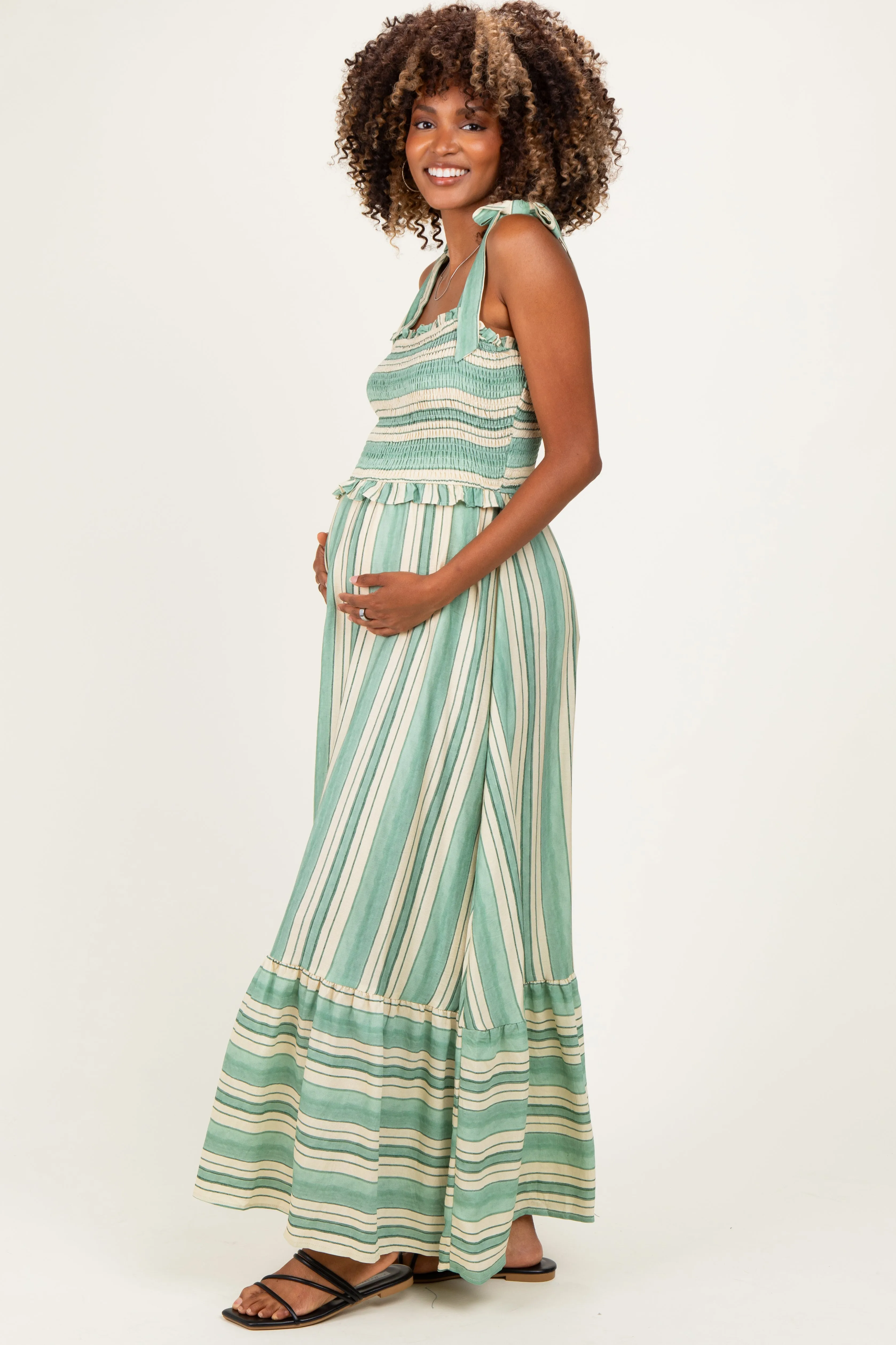Green Striped Smocked Shoulder Tie Maternity Midi Dress sold by Pinkblush product image thumbnail 2
