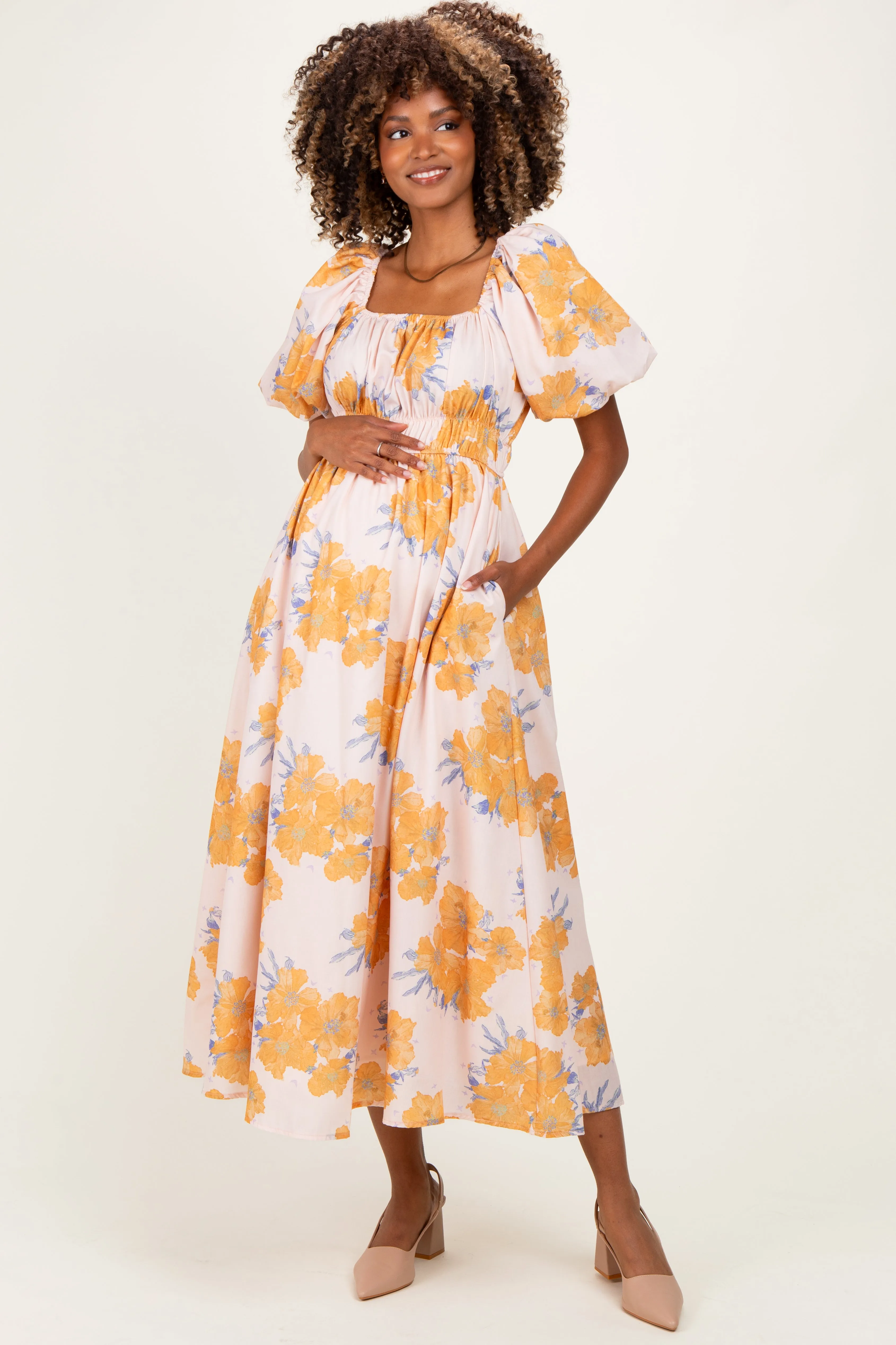 Peach Floral Print Square Neck Bubble Sleeve Maternity Midi Dress sold by Pinkblush