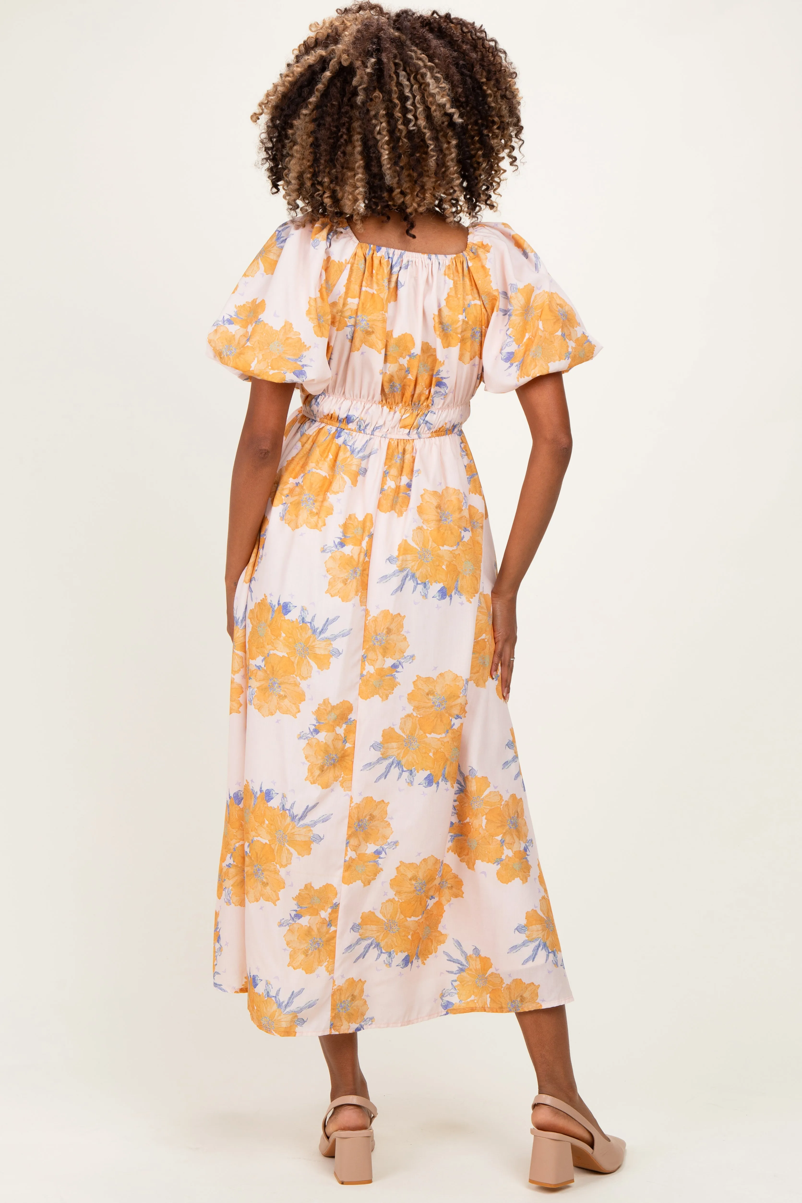 Peach Floral Print Square Neck Bubble Sleeve Maternity Midi Dress sold by Pinkblush product image thumbnail 2