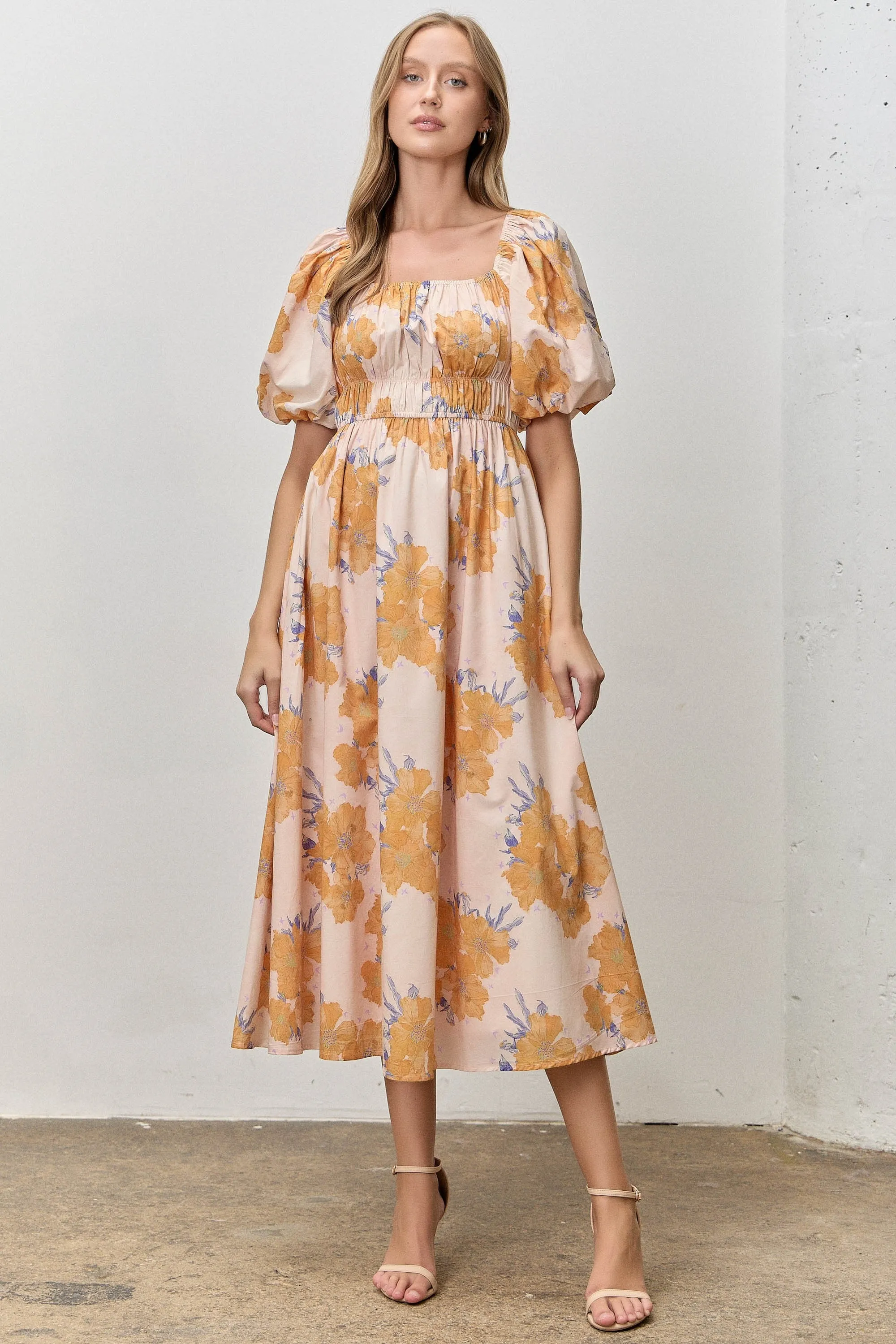 Peach Floral Print Square Neck Bubble Sleeve Maternity Midi Dress sold by Pinkblush product image thumbnail 3