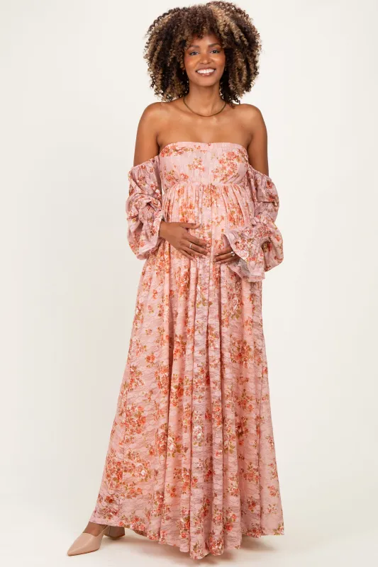 Peach Off Shoulder Long Sleeve Maternity Maxi Dress made by Pinkblush