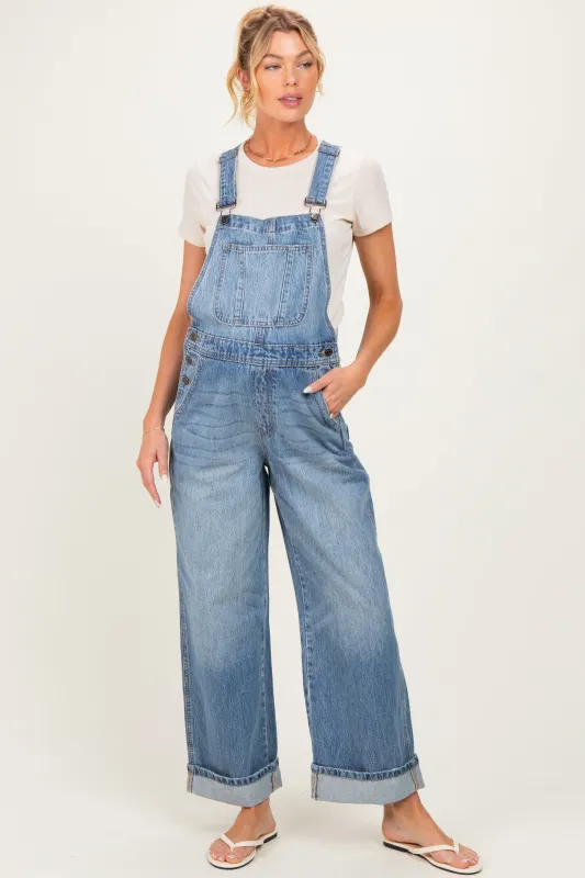 Blue Wide Leg Maternity Denim Cuffed Overalls made by Pinkblush