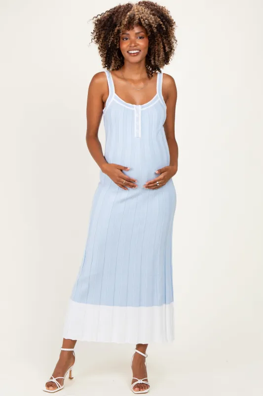 Sky Blue Ribbed Colorblock Sleeveless Maternity Maxi Dress made by Able
