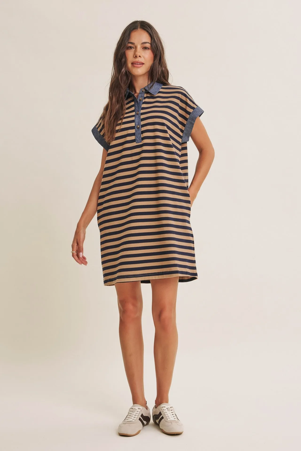 Navy/Mocha Relaxed Fit Striped Polo Maternity Mini Dress sold by Pinkblush product image thumbnail 4