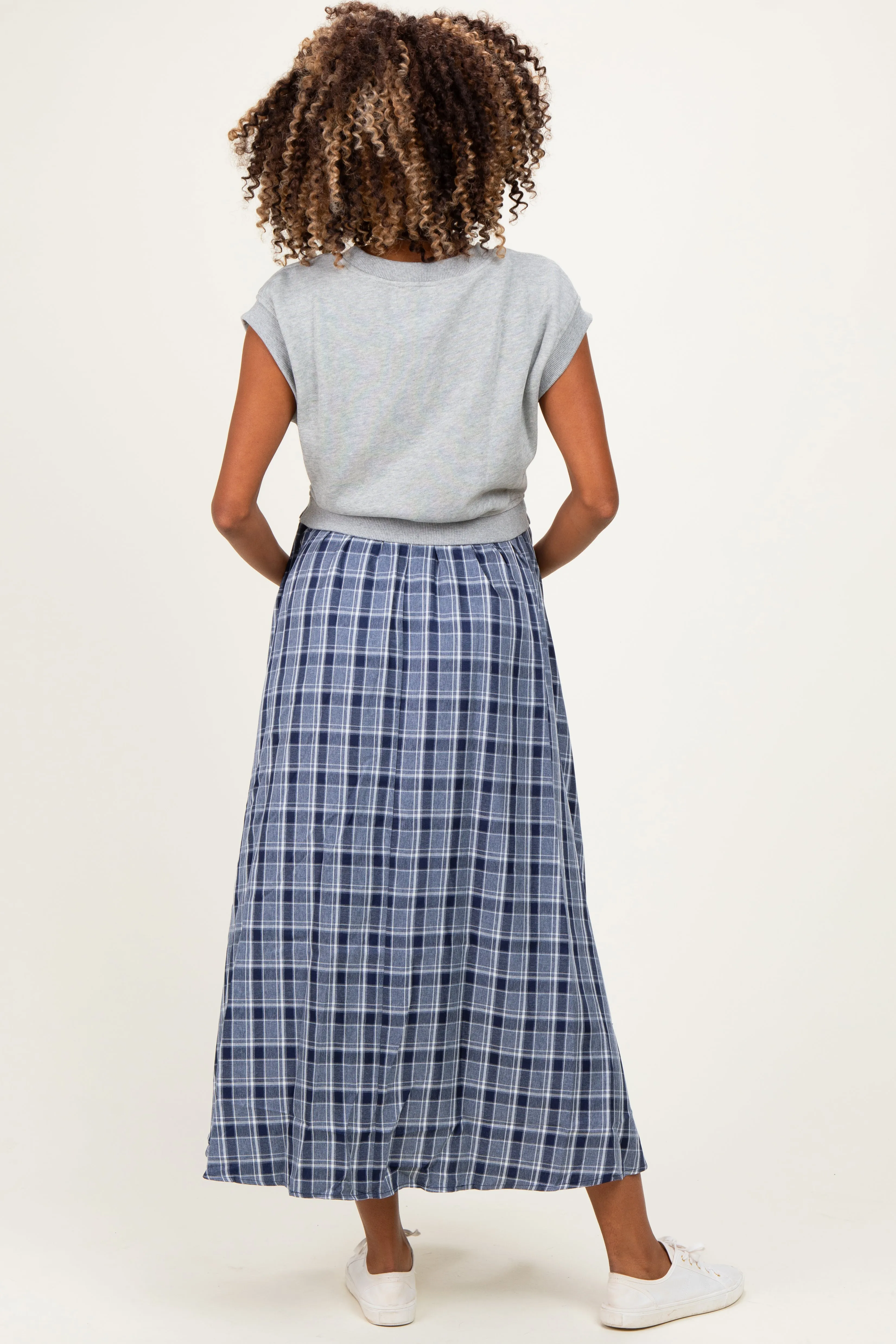 Heather Grey/ Navy Plaid Cap Sleeve Maternity Midi Dress sold by Pinkblush product image thumbnail 3