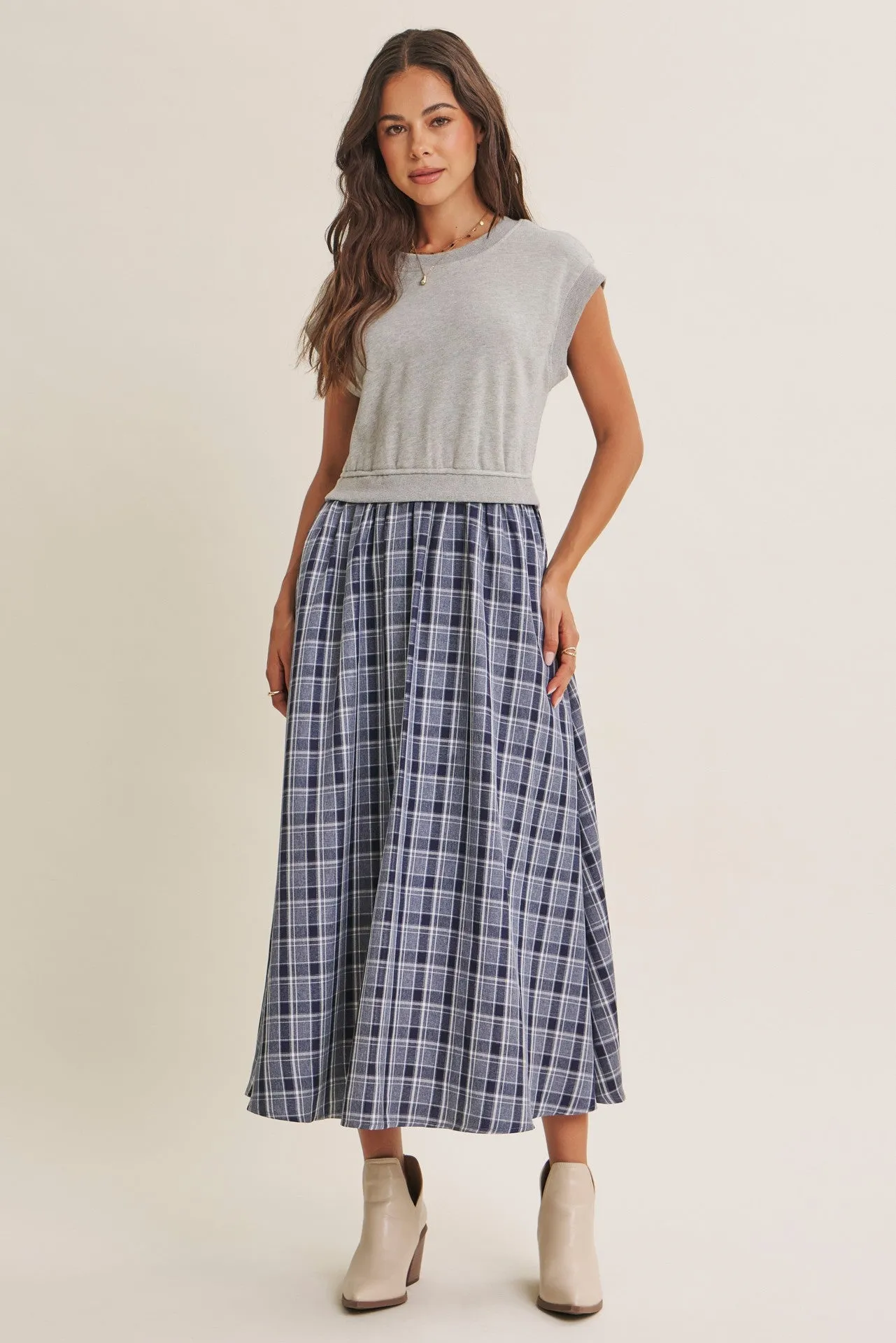 Heather Grey/ Navy Plaid Cap Sleeve Maternity Midi Dress sold by Pinkblush product image thumbnail 4