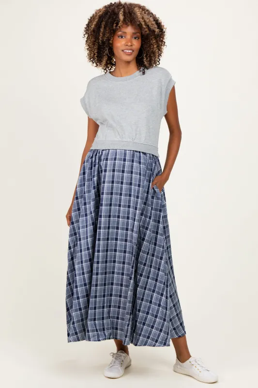 Heather Grey/ Navy Plaid Cap Sleeve Maternity Midi Dress made by In February