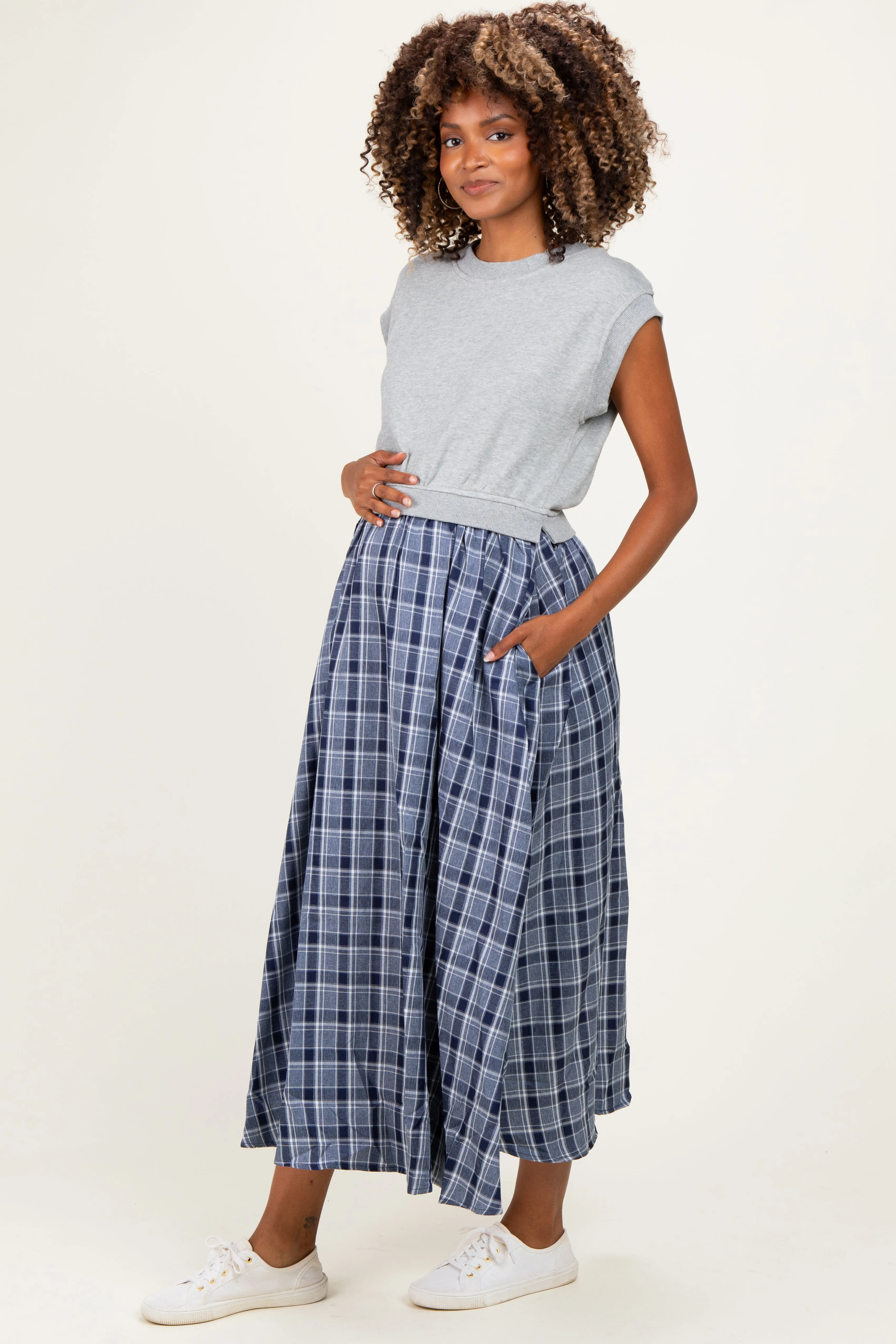 Heather Grey/ Navy Plaid Cap Sleeve Maternity Midi Dress sold by Pinkblush product image thumbnail 2