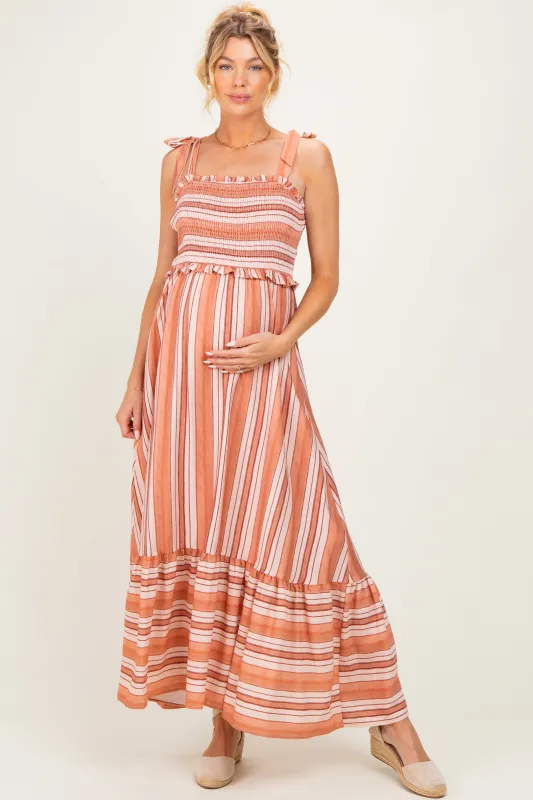 Rose Striped Smocked Shoulder Tie Maternity Midi Dress made by So Me