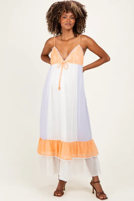 Cream Colorblock Tiered Ruffle Maternity Maxi Dress made by Lalavon