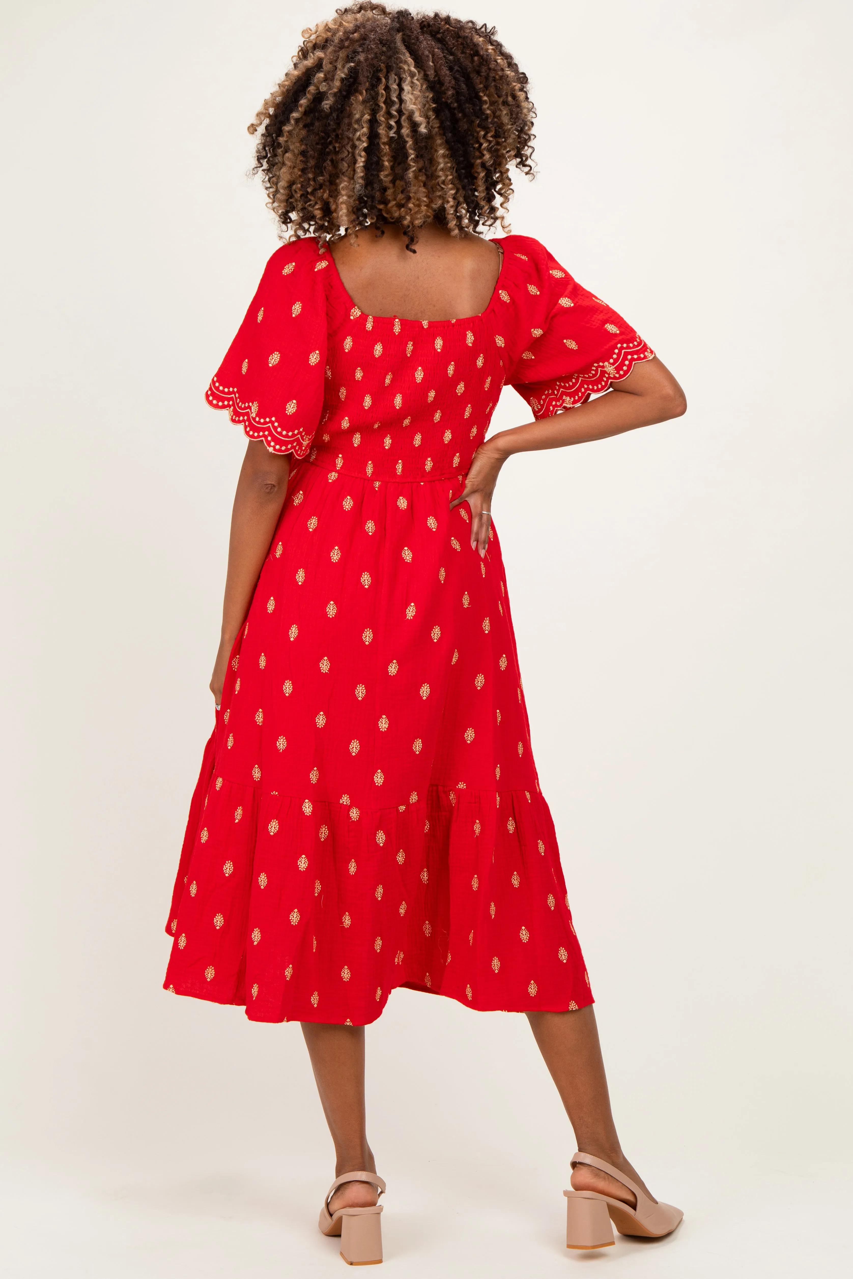 Red Smocked Embroidered Maternity Midi Dress sold by Pinkblush product image thumbnail 3