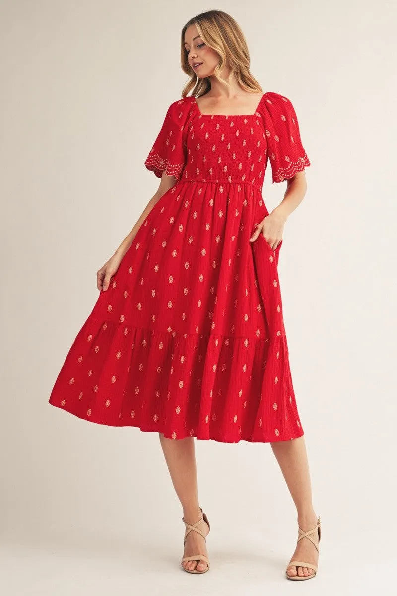 Red Smocked Embroidered Maternity Midi Dress sold by Pinkblush product image thumbnail 4