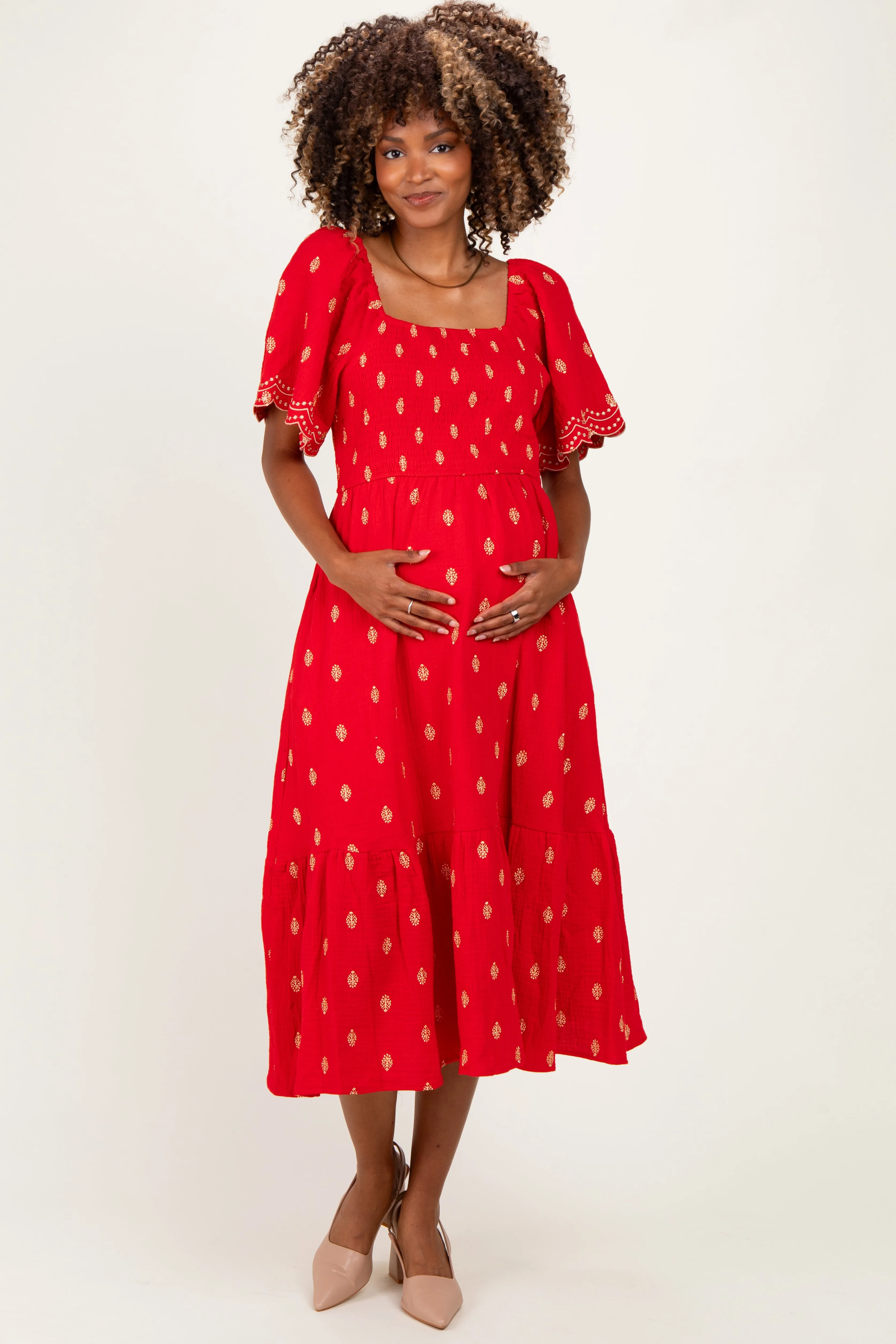 Red Smocked Embroidered Maternity Midi Dress sold by Pinkblush