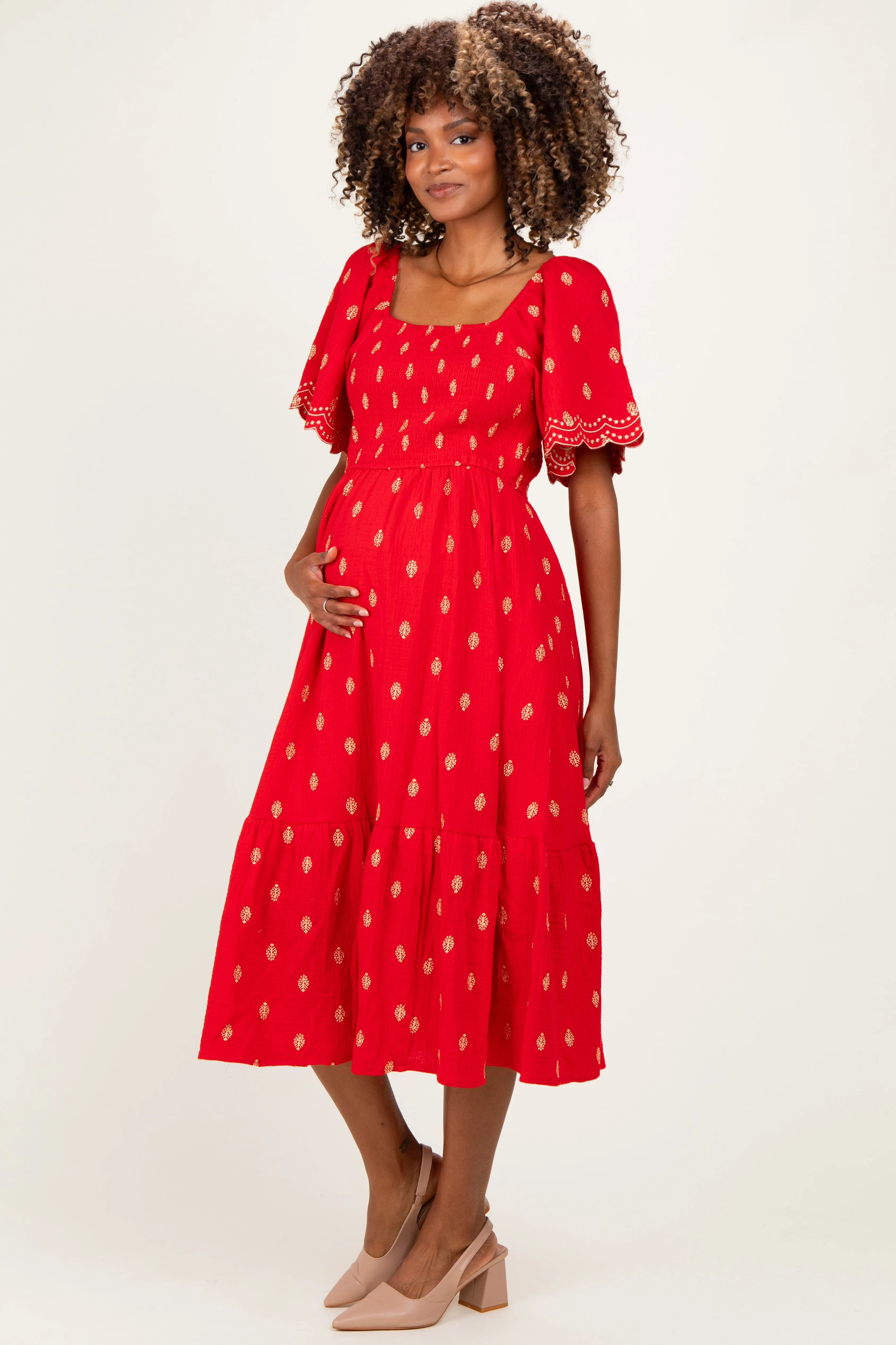Red Smocked Embroidered Maternity Midi Dress sold by Pinkblush product image thumbnail 2