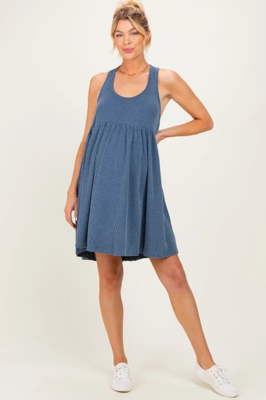 Blue Ribbed Sleeveless Open Back Maternity Midi Dress made by Pinkblush