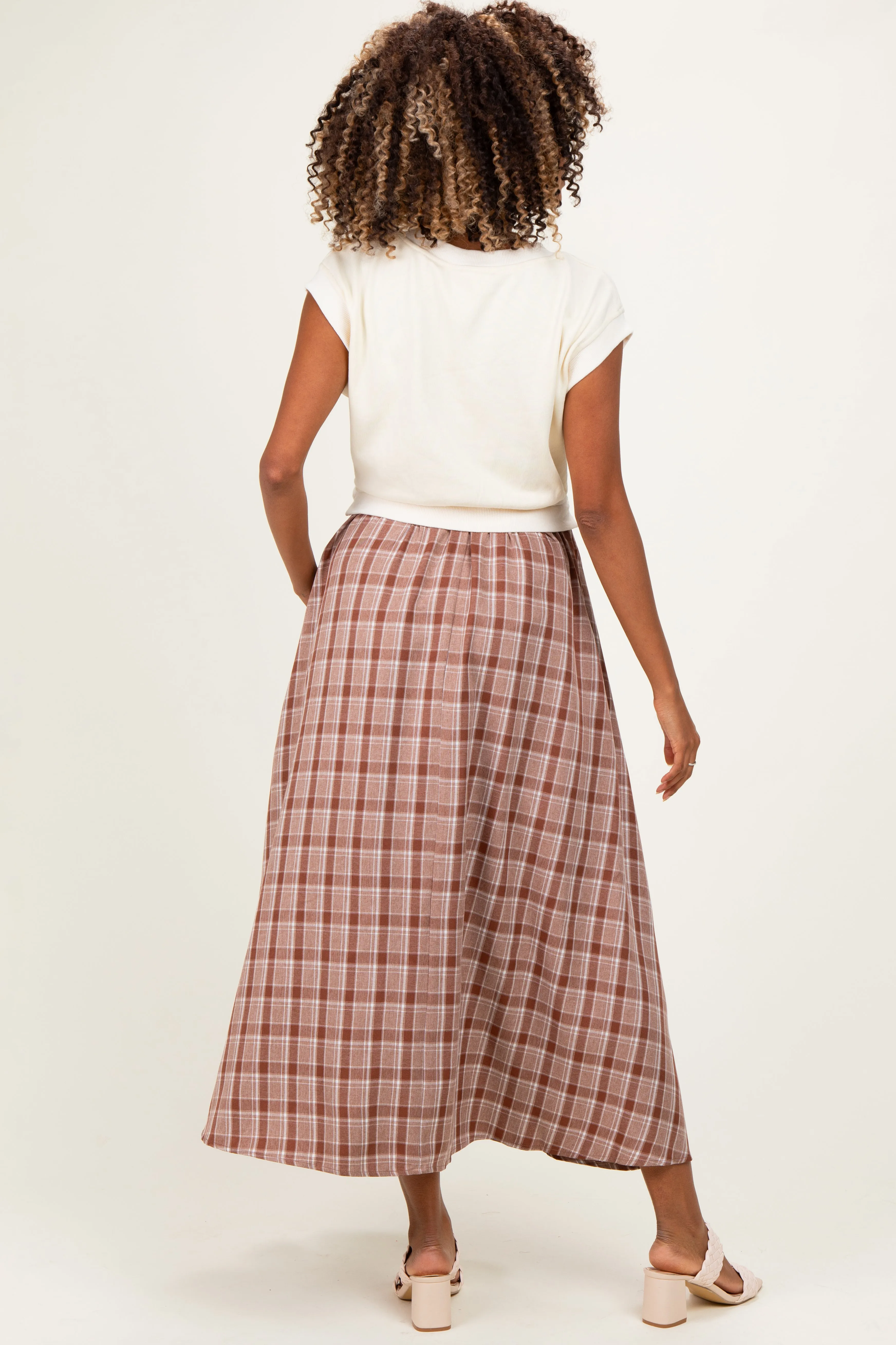 Cream/Mocha Plaid Cap Sleeve Maternity Midi Dress sold by Pinkblush product image thumbnail 3