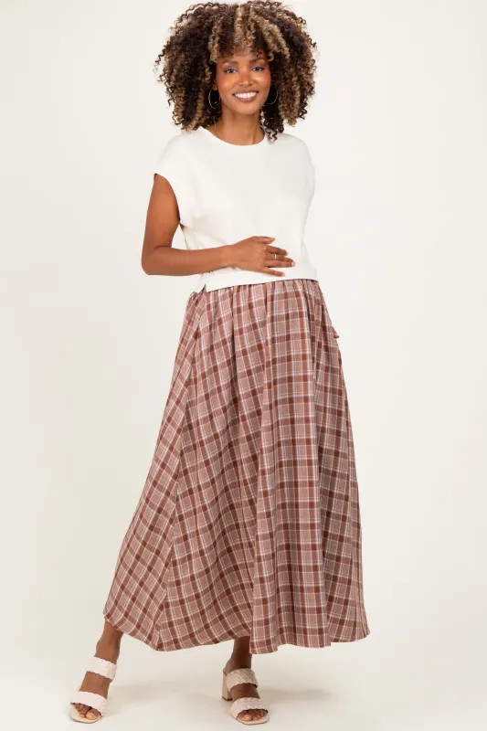 Cream/Mocha Plaid Cap Sleeve Maternity Midi Dress made by In February