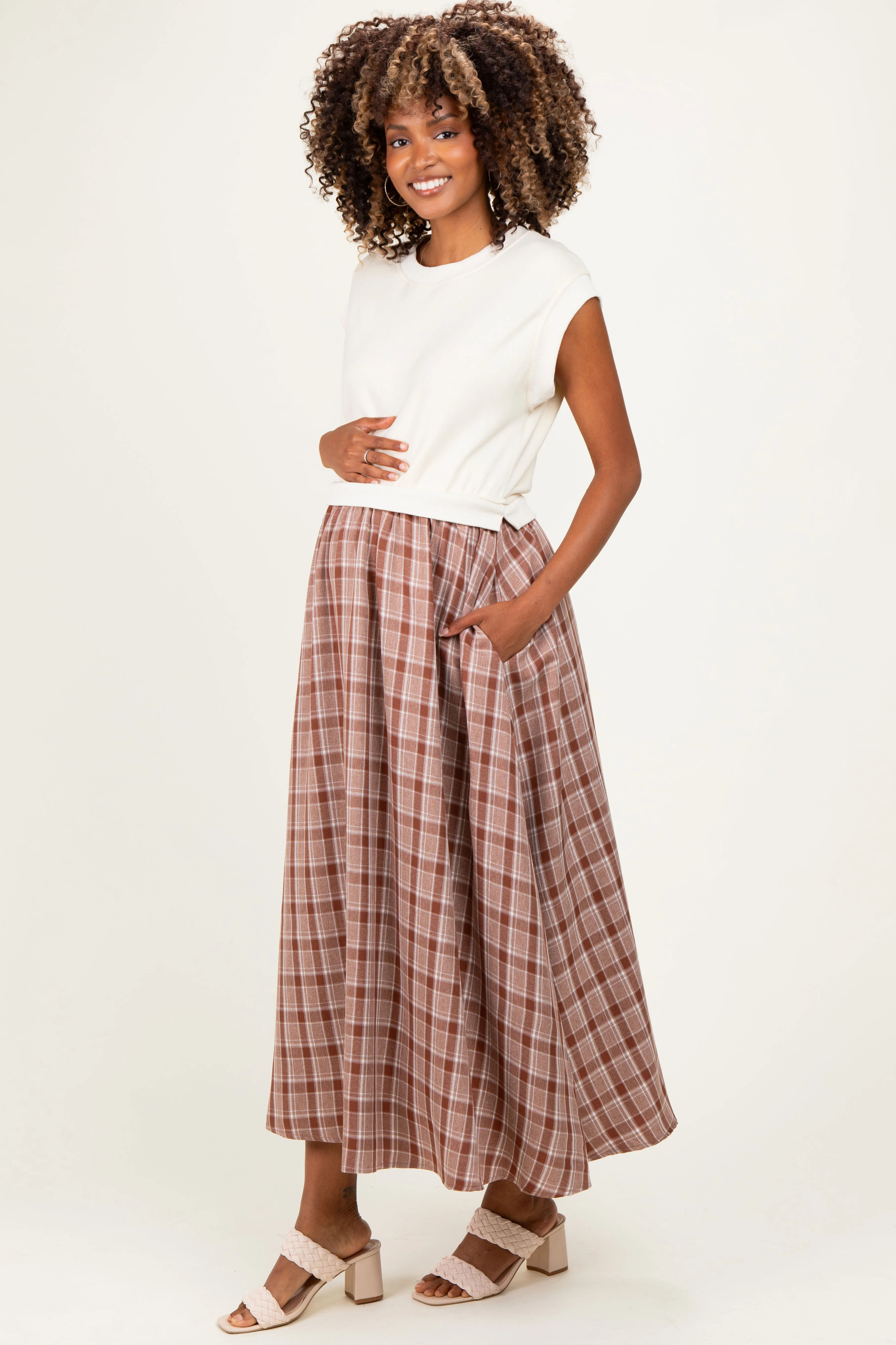 Cream/Mocha Plaid Cap Sleeve Maternity Midi Dress sold by Pinkblush product image thumbnail 2