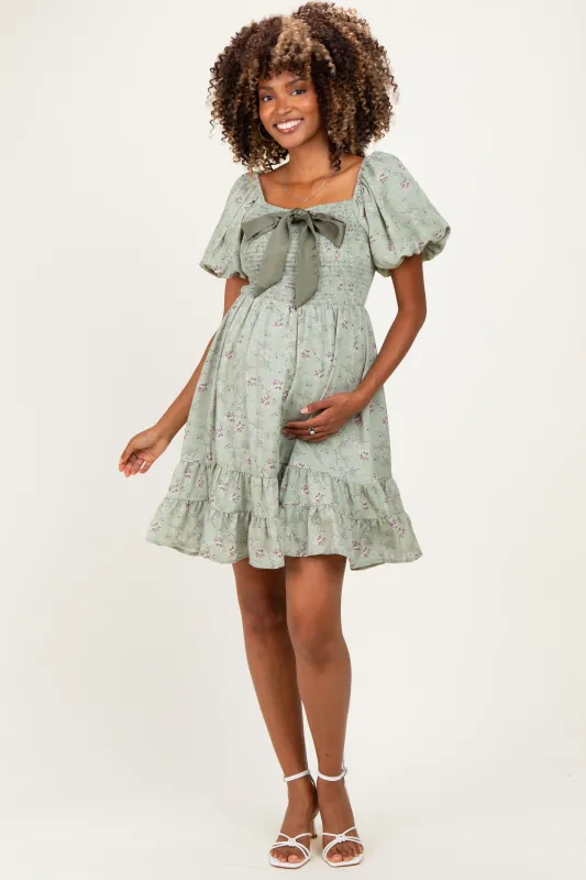 Sage Green Bow Smocked Bubble Sleeve Maternity Mini Dress made by In February