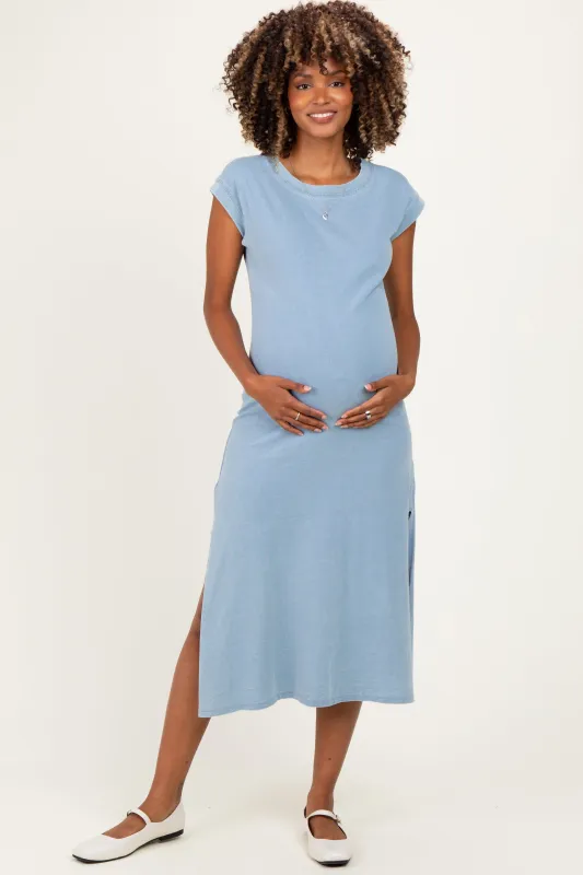 Light Blue Side Slit Maternity Midi T-Shirt Dress made by Blu Pepper