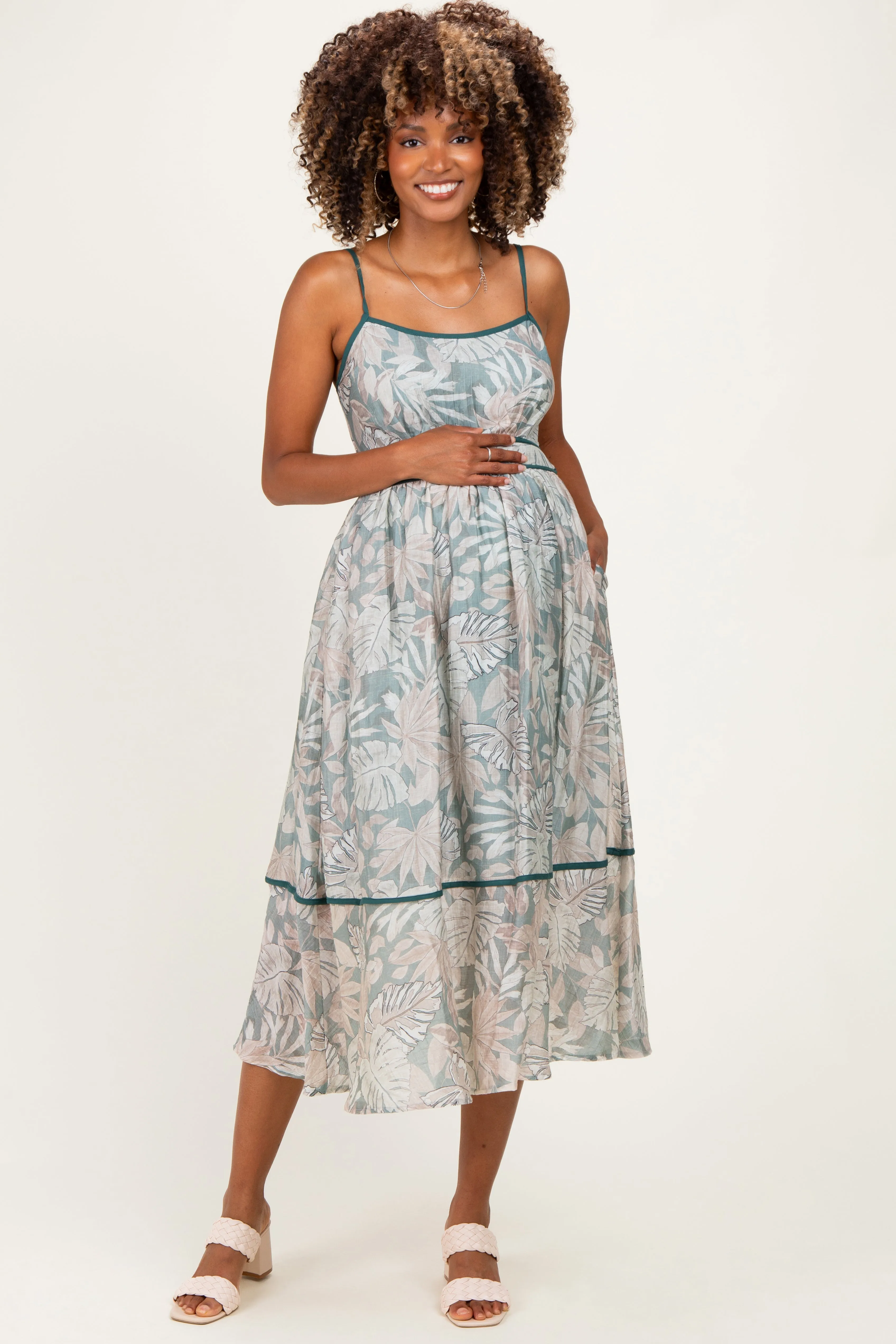 Dark Green Printed Cutout Tie Back Maternity Midi Dress sold by Pinkblush