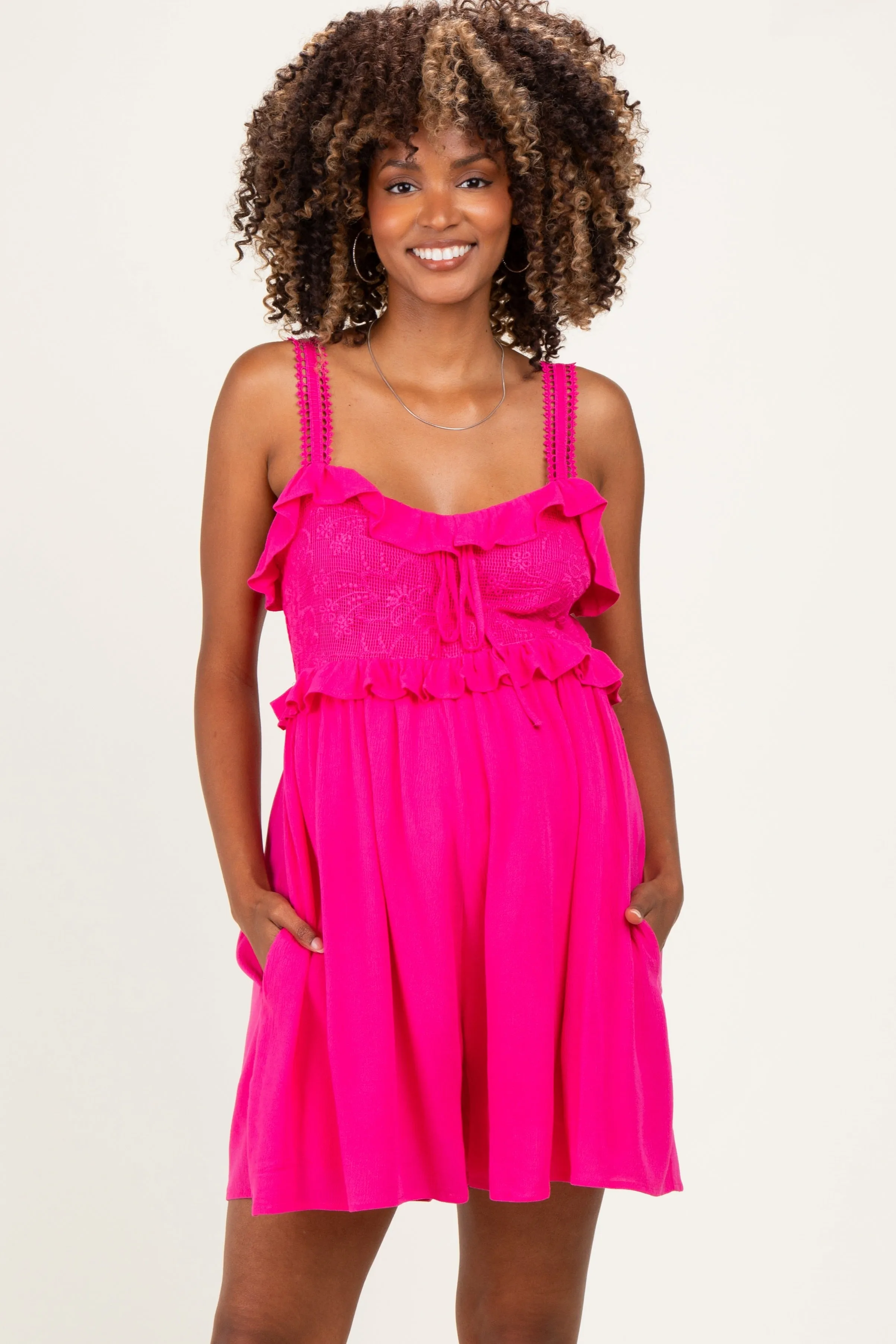 Hot Pink Embroidered Ruffle Accent Maternity Romper sold by Pinkblush product image thumbnail 2