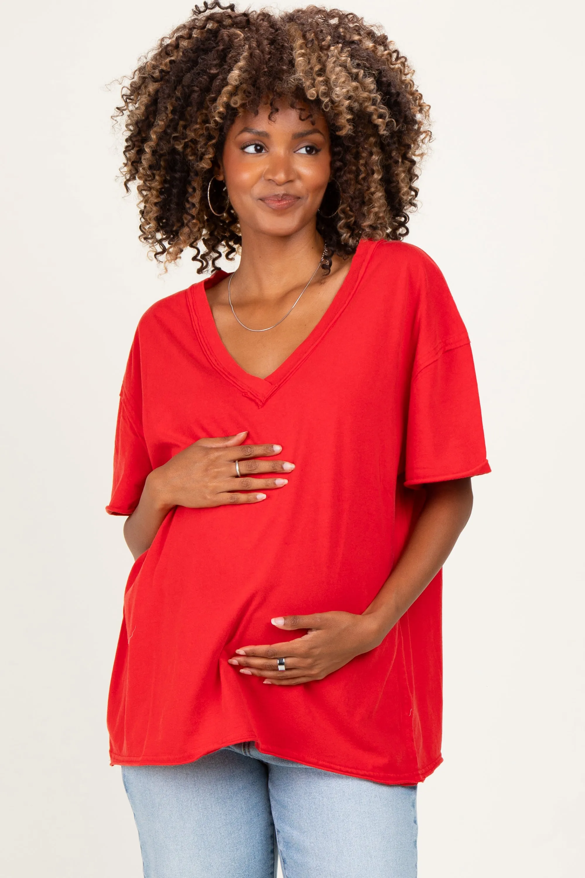 Red Washed V-Neck Oversized Maternity Tee sold by Pinkblush