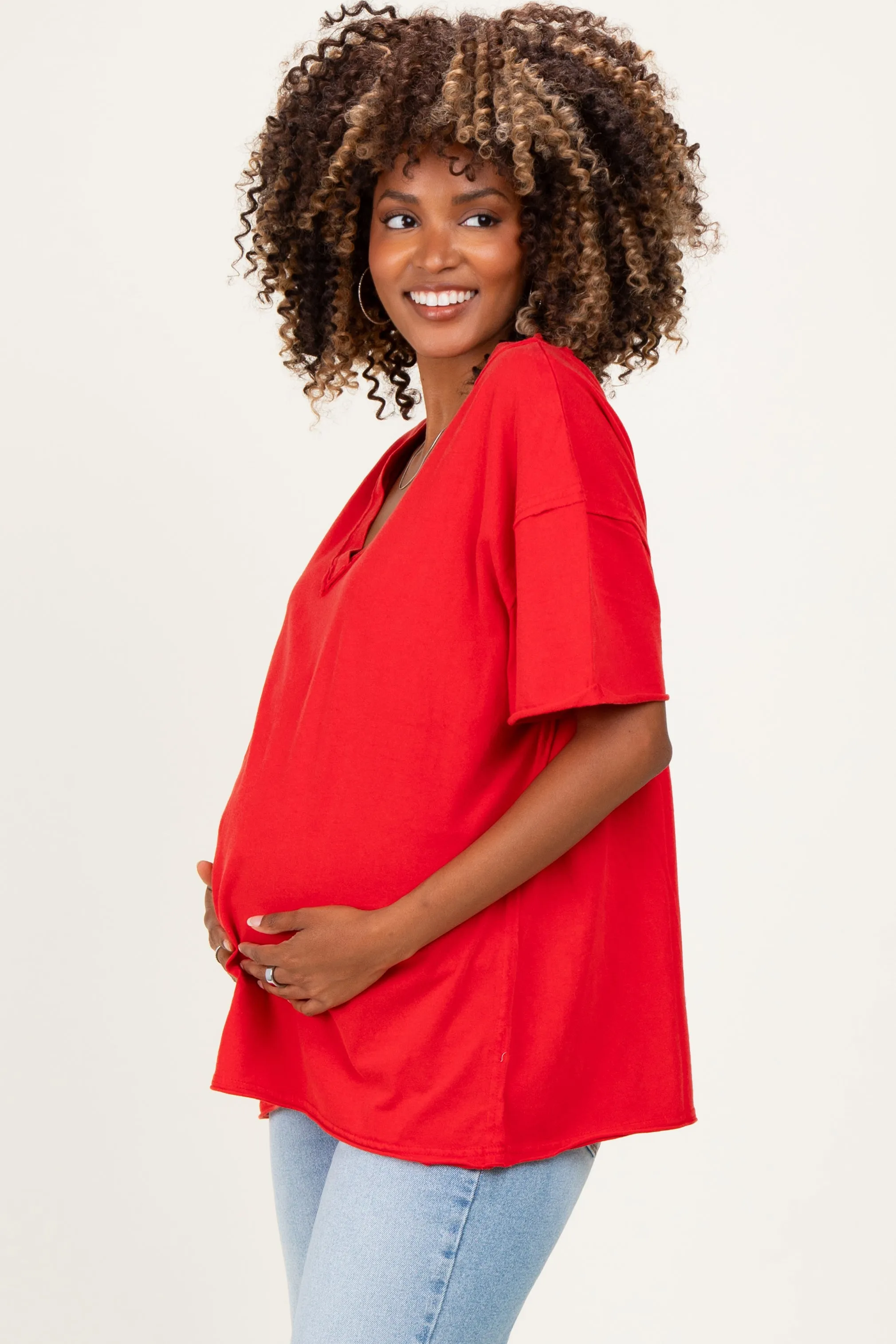 Red Washed V-Neck Oversized Maternity Tee sold by Pinkblush product image thumbnail 2