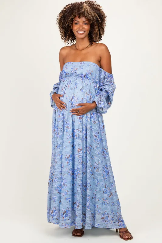 Blue Off Shoulder Long Sleeve Maternity Maxi Dress made by Pinkblush