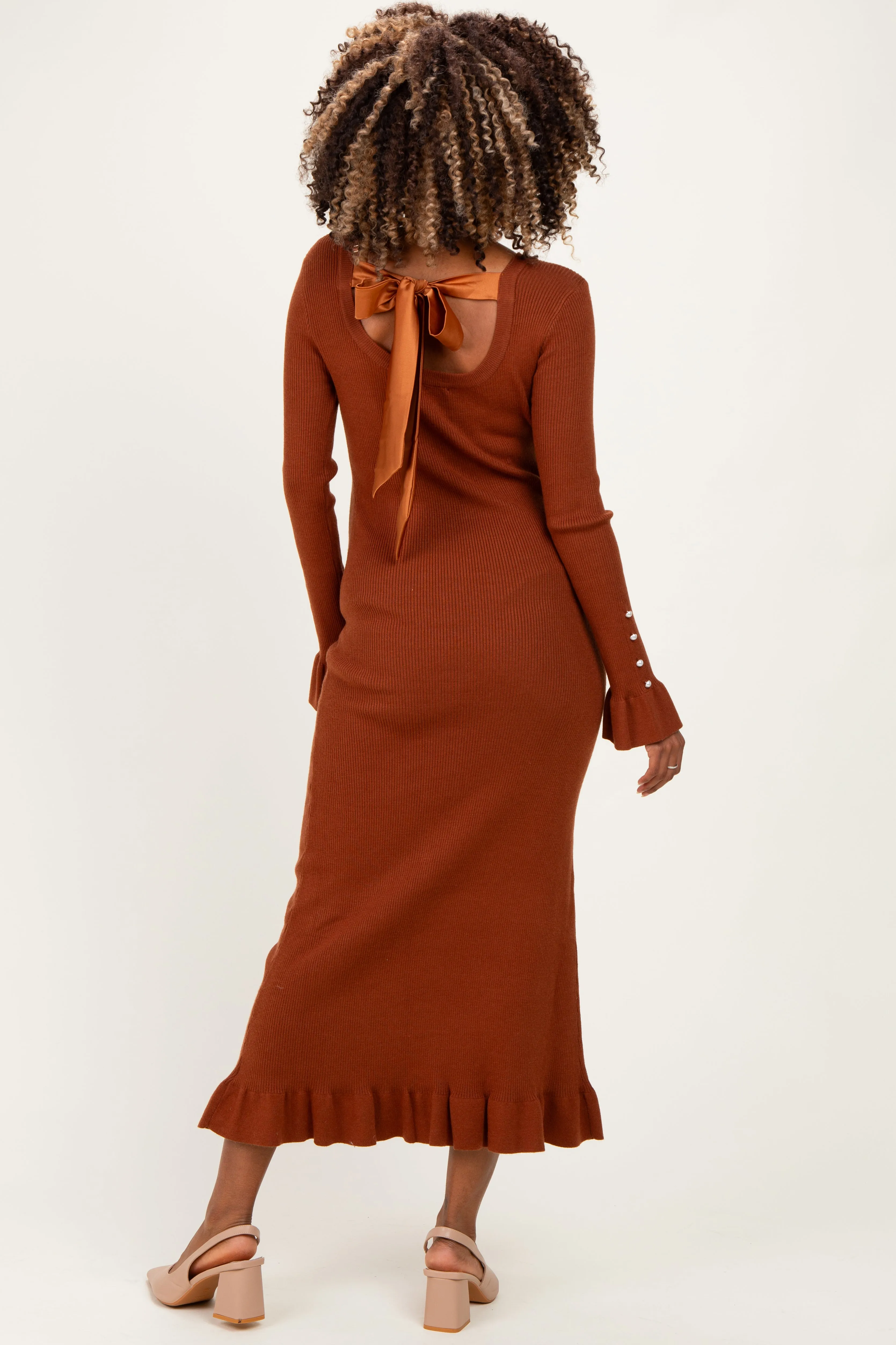 Chestnut Ribbed Knit Bow Back Maternity Maxi Dress sold by Pinkblush product image thumbnail 4