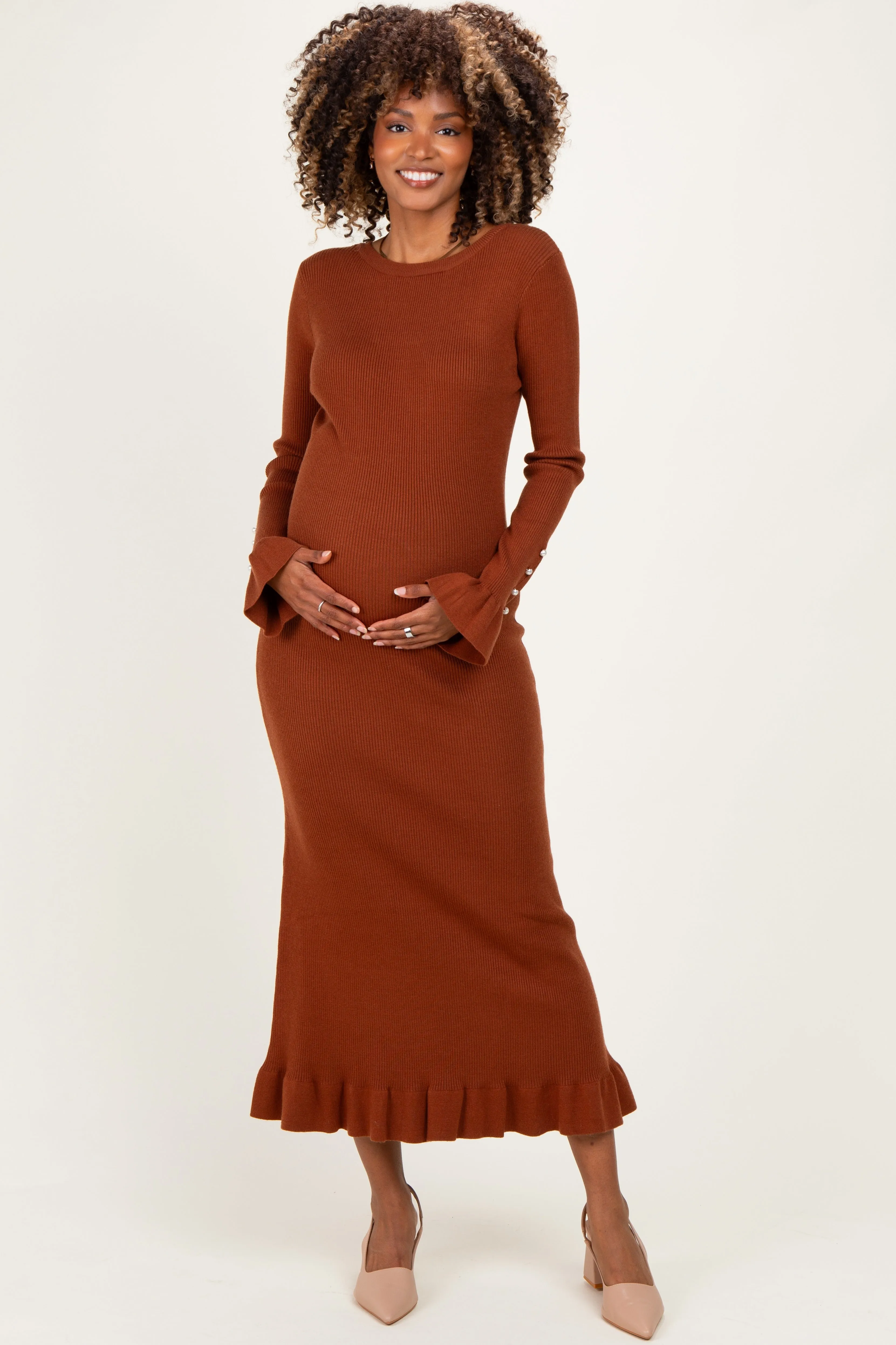 Chestnut Ribbed Knit Bow Back Maternity Maxi Dress sold by Pinkblush