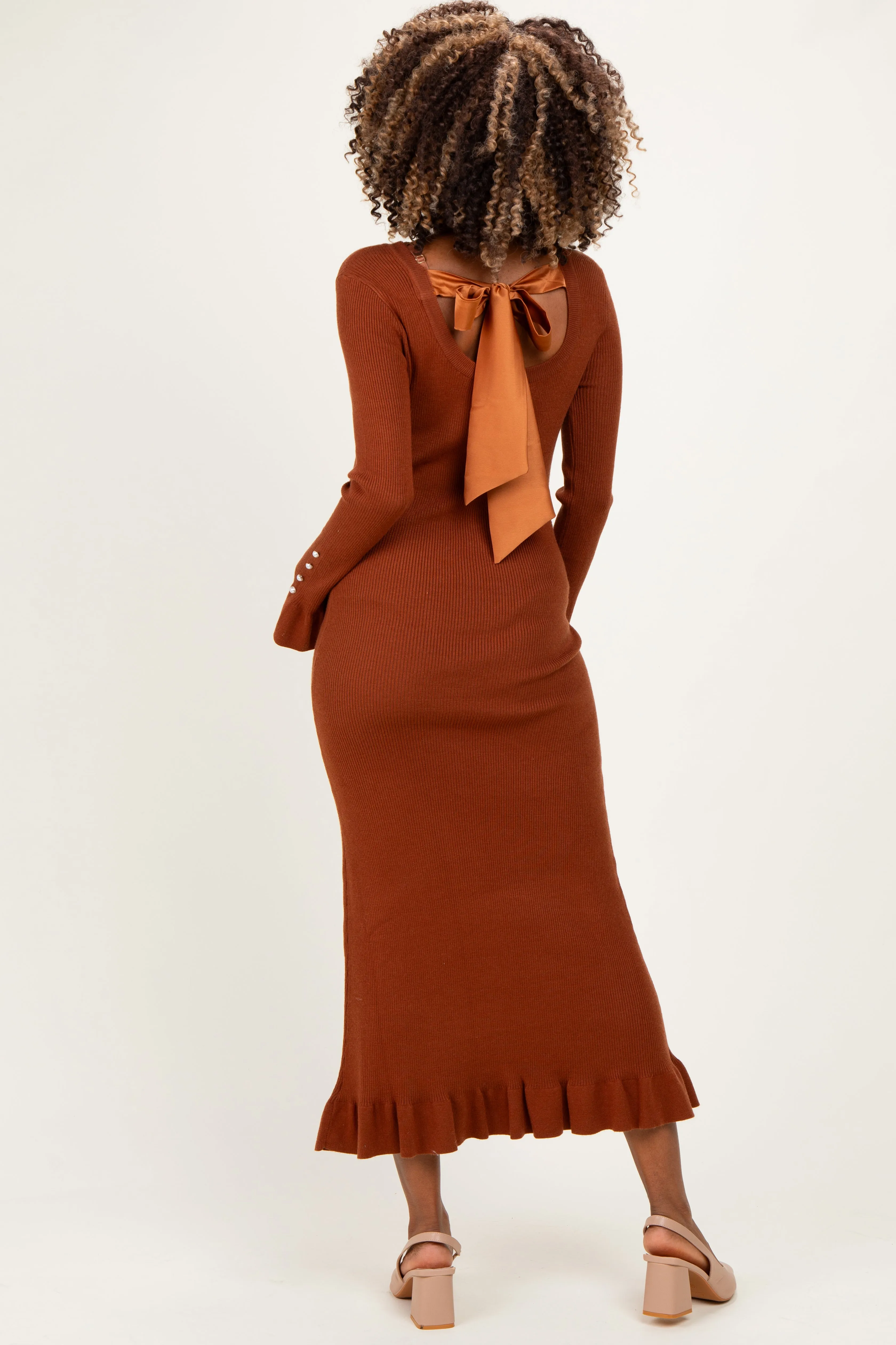 Chestnut Ribbed Knit Bow Back Maternity Maxi Dress sold by Pinkblush product image thumbnail 5