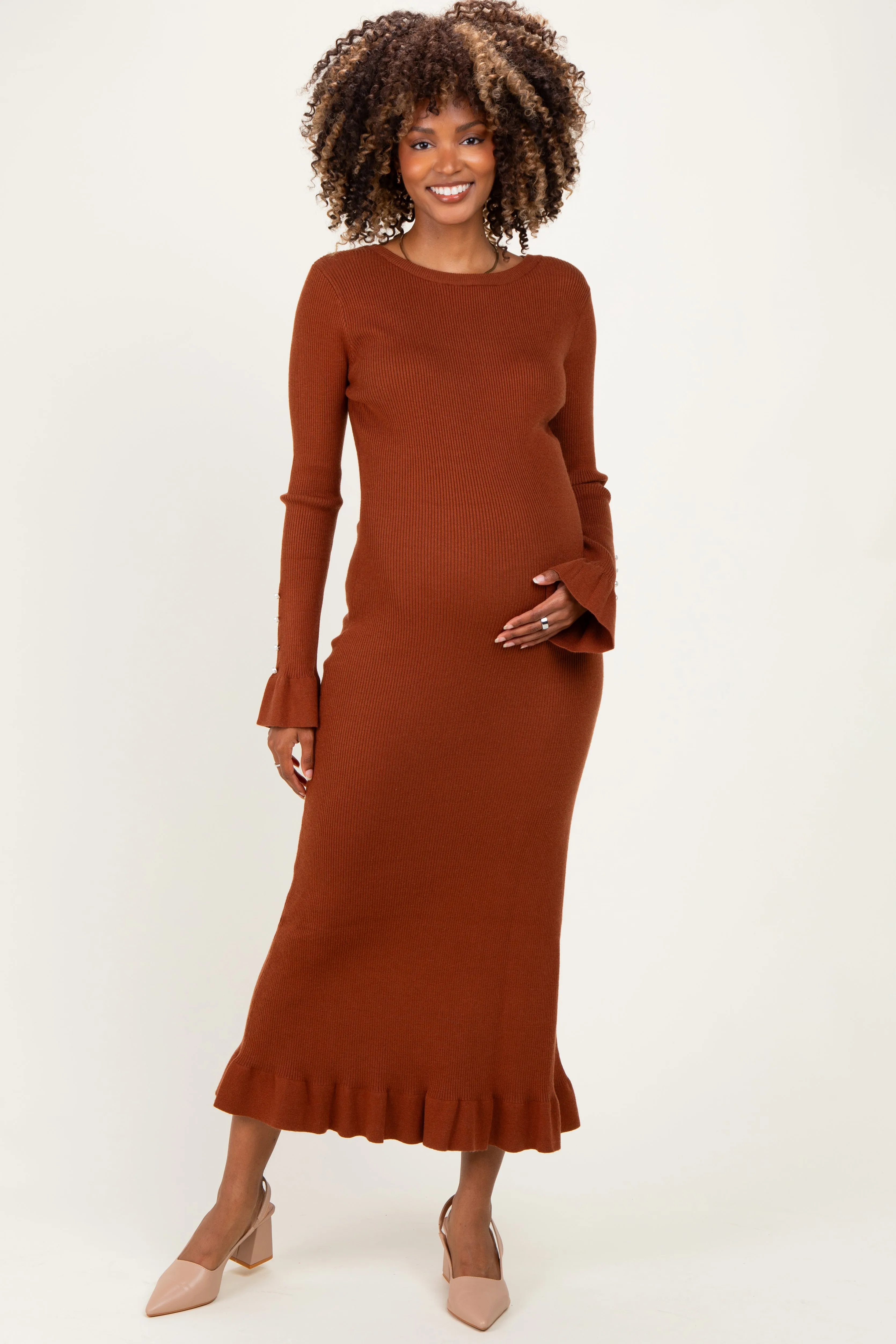 Chestnut Ribbed Knit Bow Back Maternity Maxi Dress sold by Pinkblush product image thumbnail 2