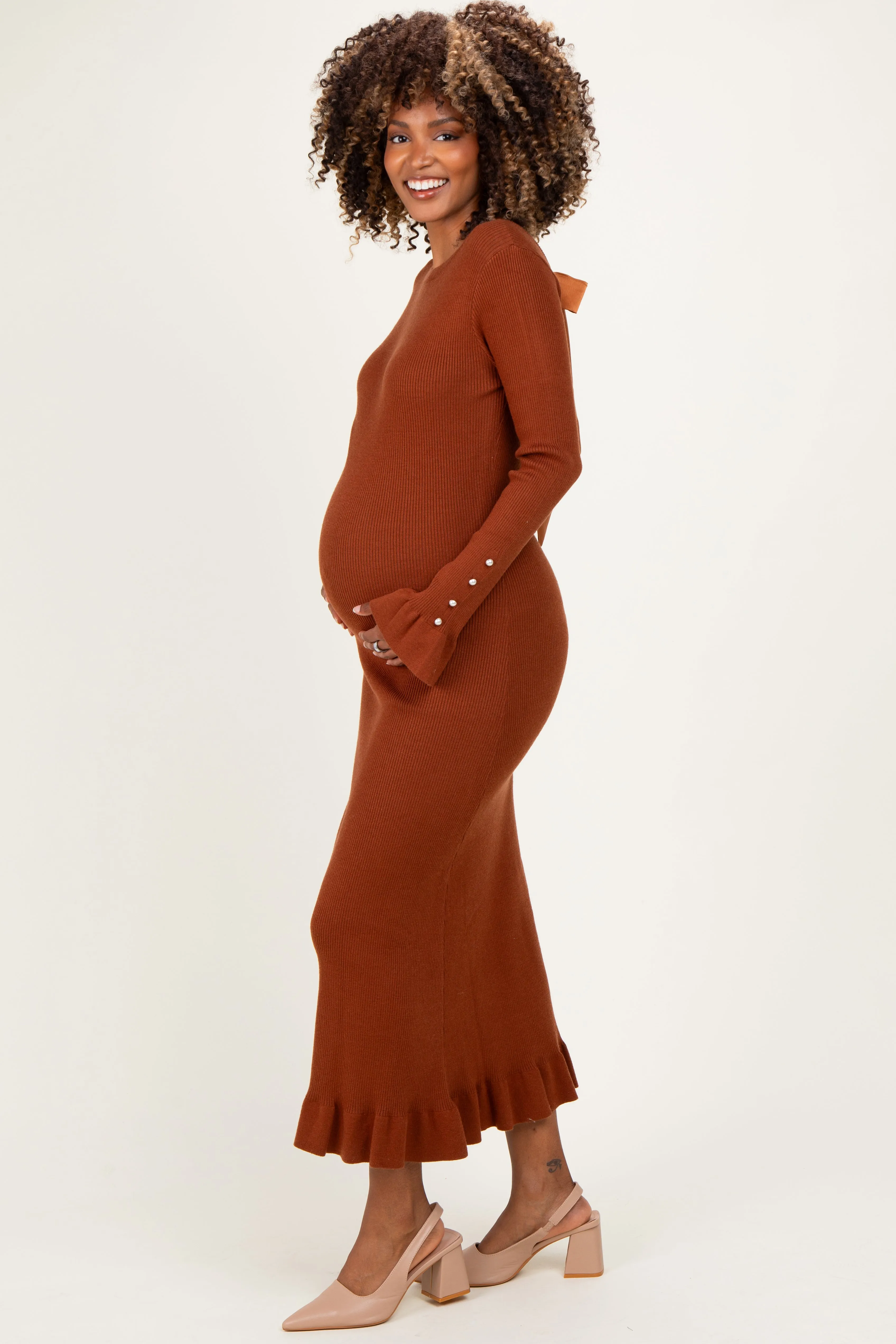 Chestnut Ribbed Knit Bow Back Maternity Maxi Dress sold by Pinkblush product image thumbnail 3