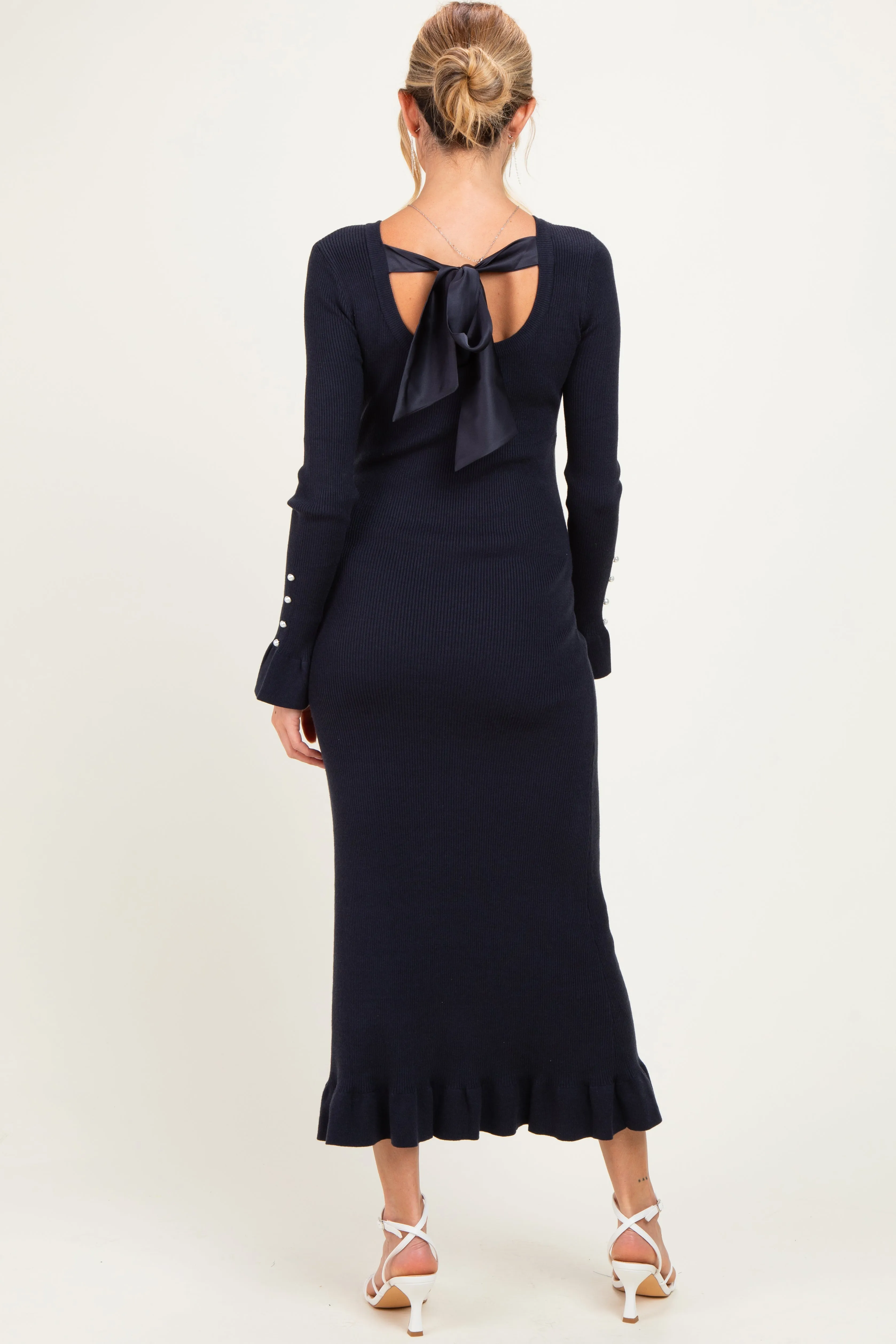 Navy Ribbed Knit Bow Back Maternity Maxi Dress sold by Pinkblush product image thumbnail 4