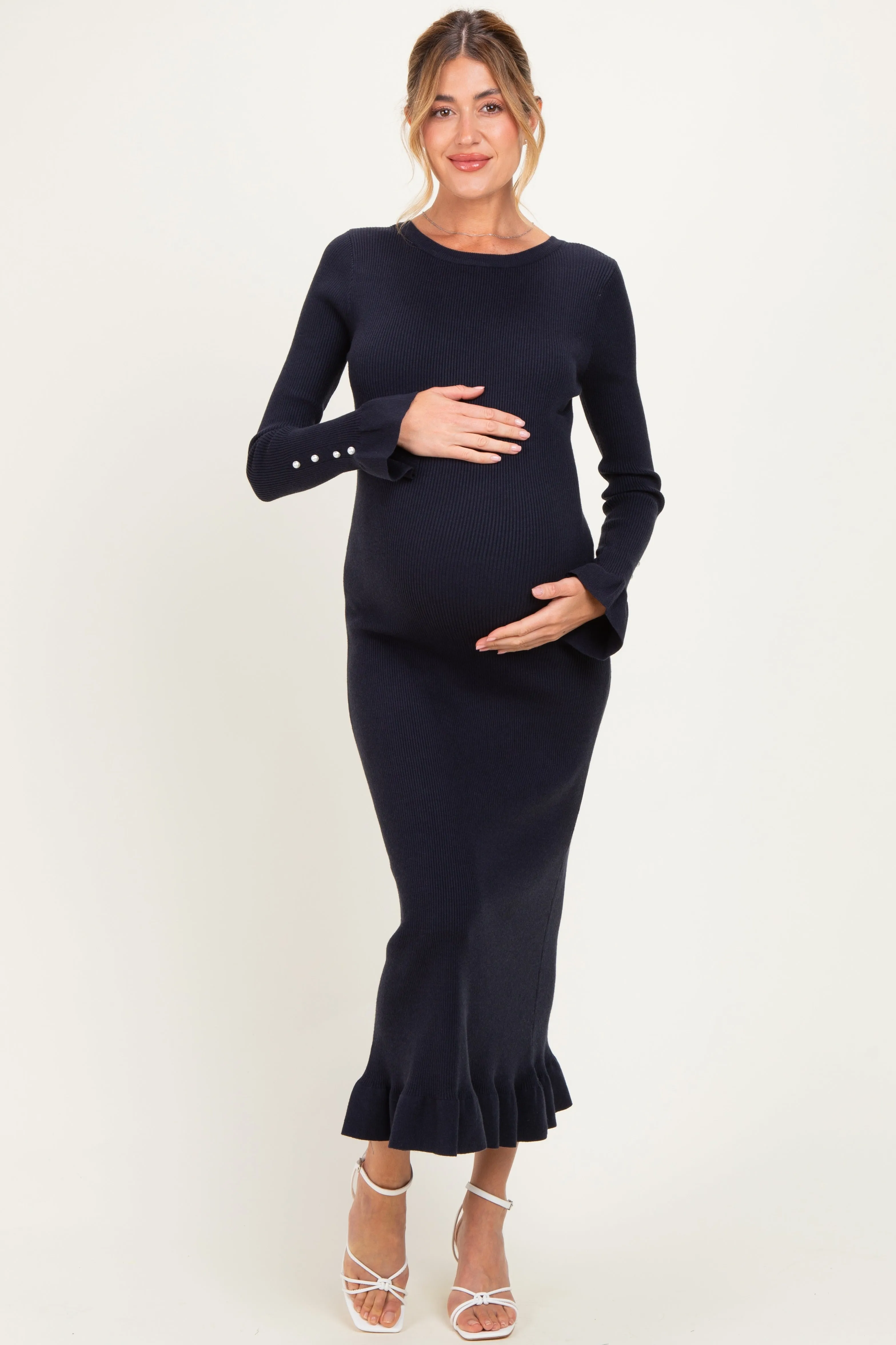 Navy Ribbed Knit Bow Back Maternity Maxi Dress sold by Pinkblush