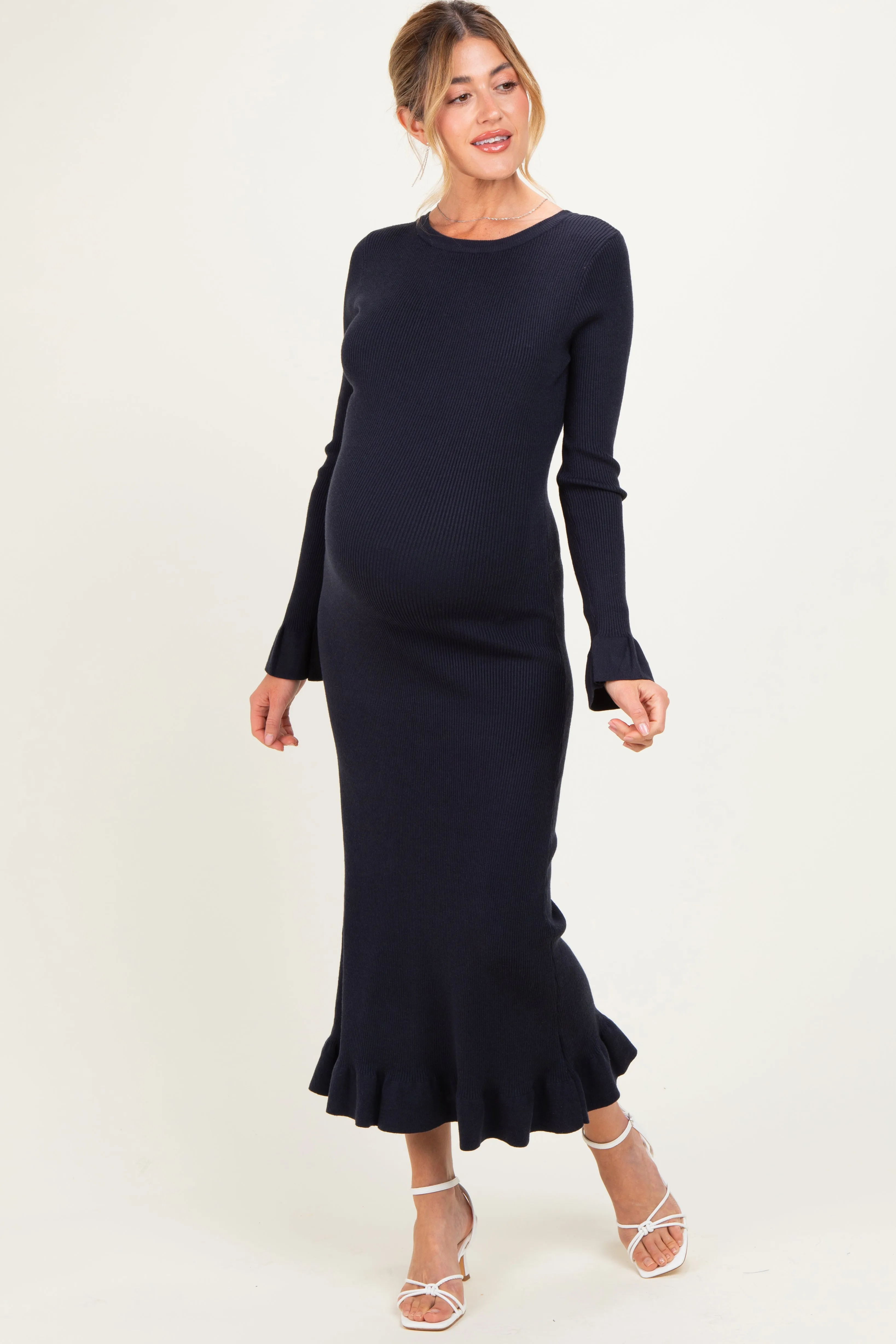 Navy Ribbed Knit Bow Back Maternity Maxi Dress sold by Pinkblush product image thumbnail 2