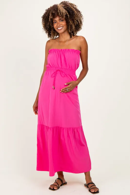 Hot Pink Strapless Cinched Waist Tie Maternity Maxi Dress made by Naked Zebra