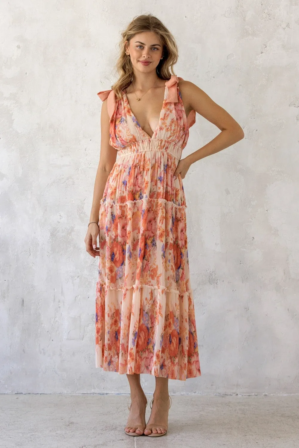Peach Floral Plisse Shoulder Tie Maternity Dress sold by Pinkblush product image thumbnail 5