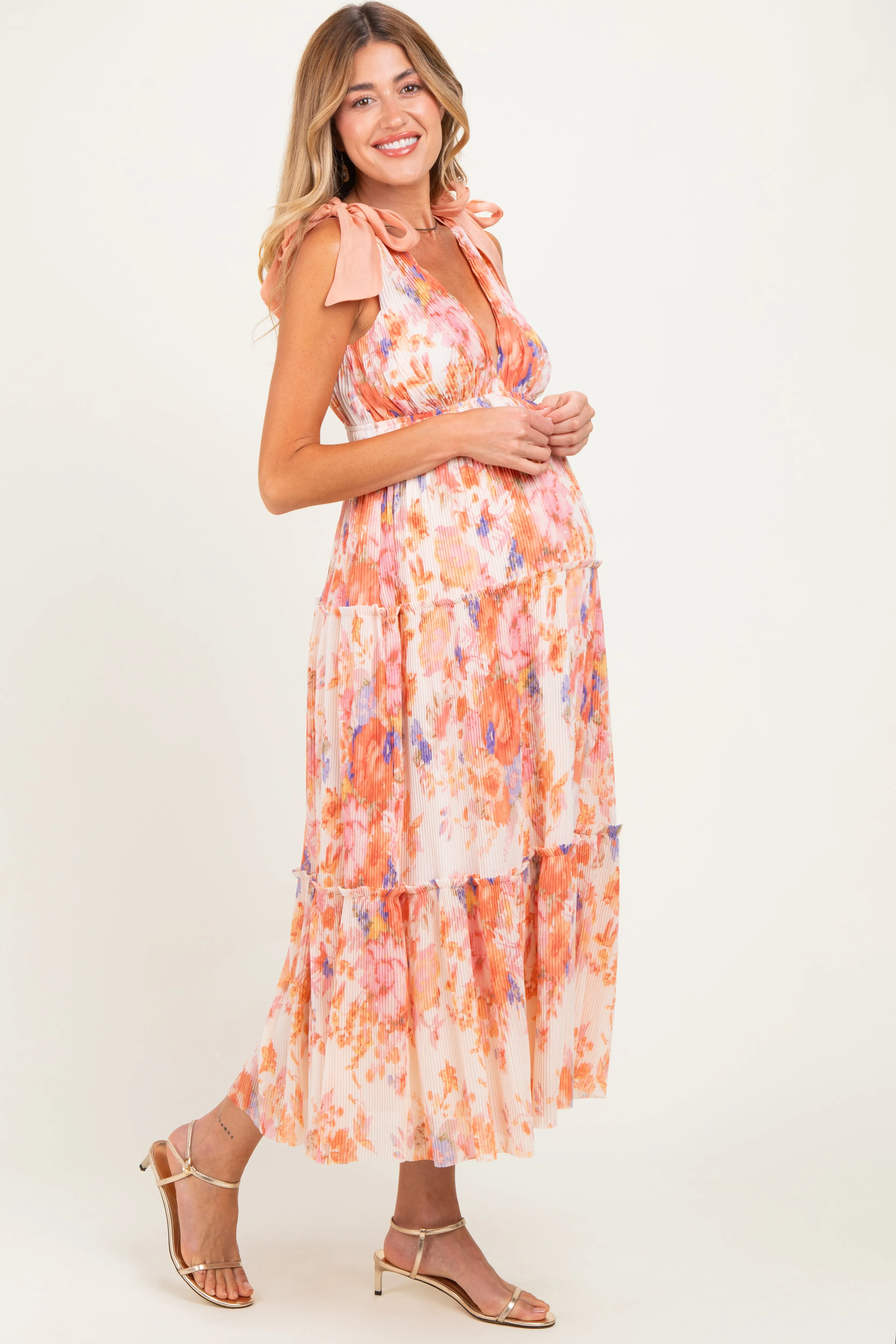Peach Floral Plisse Shoulder Tie Maternity Dress sold by Pinkblush product image thumbnail 2